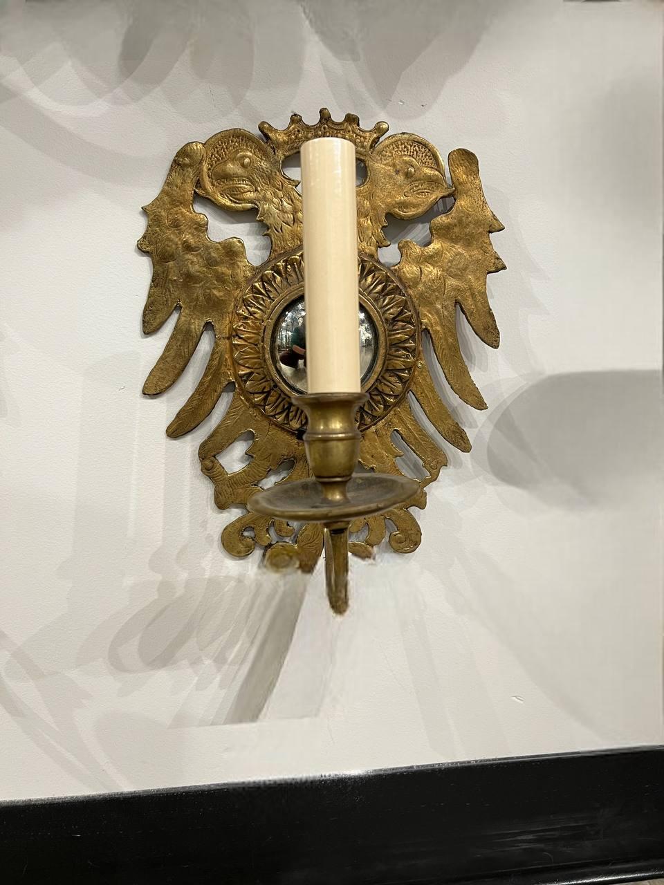 Eagle Design Gilt Bronze Sconces With Mirror In Good Condition For Sale In New York, NY