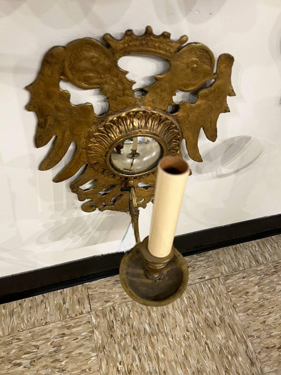 Mid-20th Century Eagle Design Gilt Bronze Sconces With Mirror For Sale
