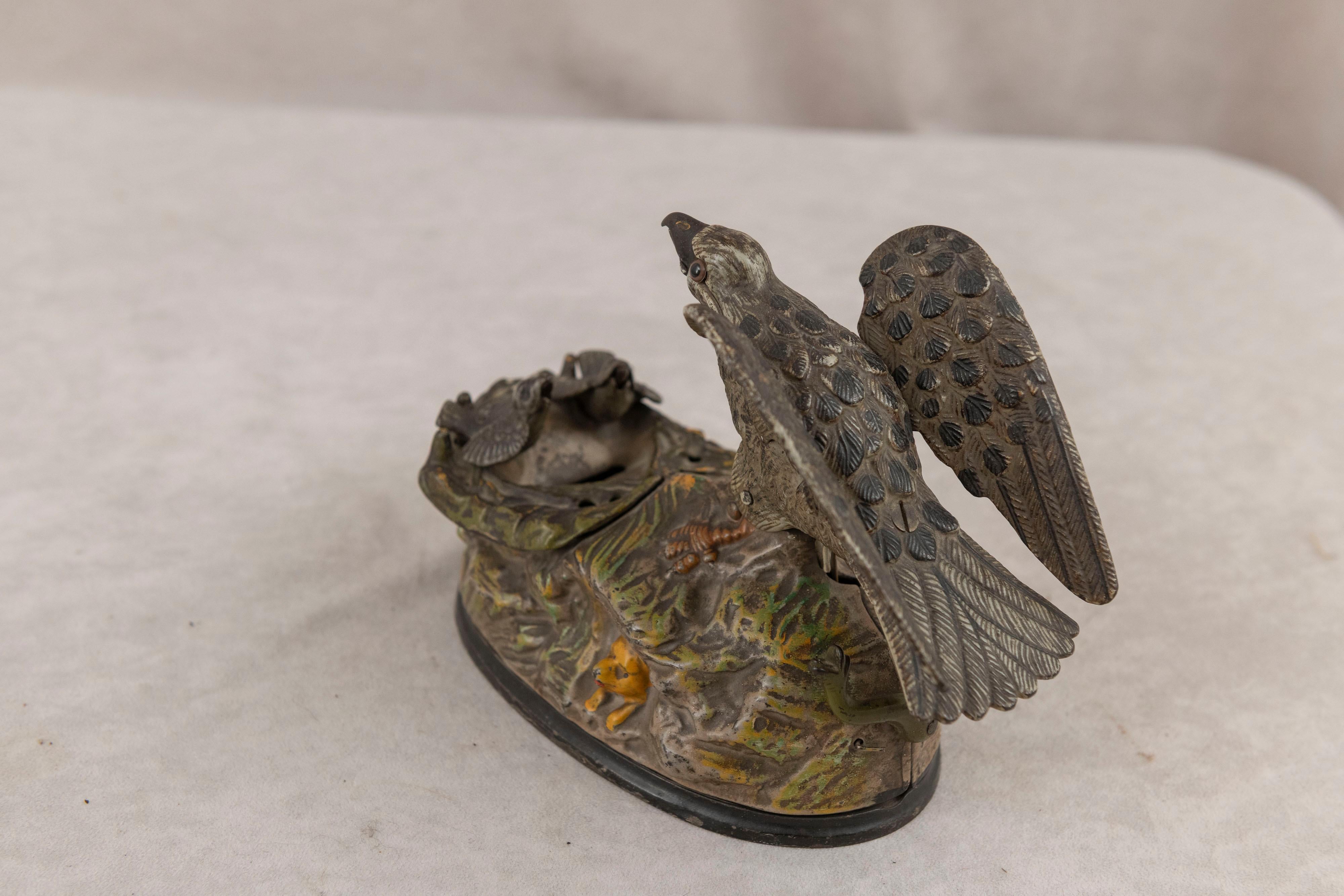 Autre Banque mécanique en fonte Eagle & Eaglets par J. & Stevens vers 1890 Tout à fait original en vente
