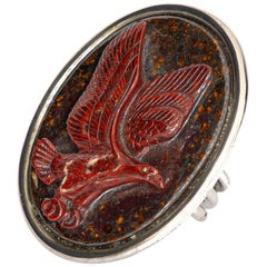 Eagle Falcon Carved Red Brown Jasper Seal Oval 925 Sterling Silver Signet Ring