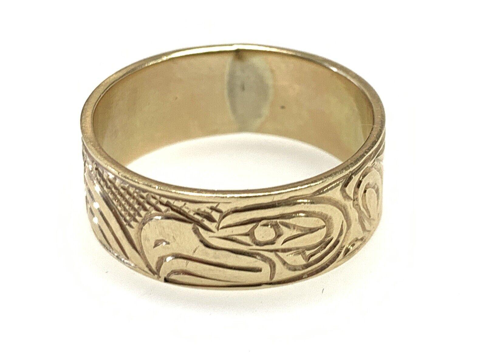 This ring is finely crafted from 14K yellow gold, and is hand carved by a Haida artisan. It features an Eagle motif, which symbolizes power and grace. The Eagle Symbol is known as “The master of skies” and is an important symbol in the Haida tribe.