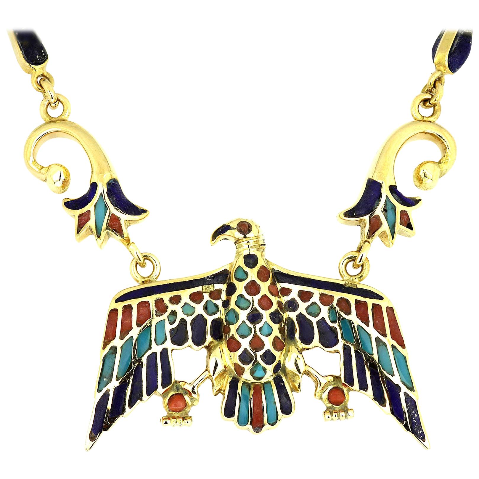 Eagle Necklace in 18 Carat Gold, Coral, Lapis Lazuli, and Turquoise Mosaics