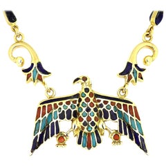 Vintage Eagle Necklace in 18 Carat Gold, Coral, Lapis Lazuli, and Turquoise Mosaics