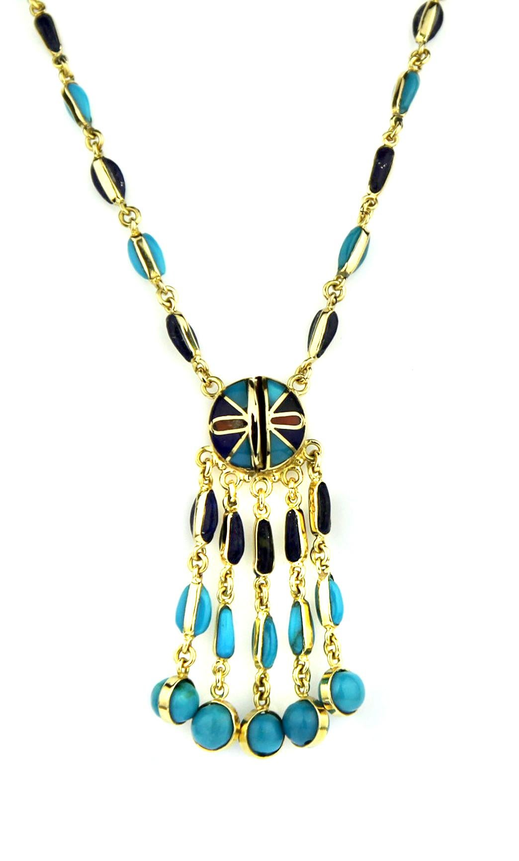 Vintage Eagle Necklace in 18K Gold, Coral, Lapis Lazuli, and Turquoise Mosaics For Sale 1