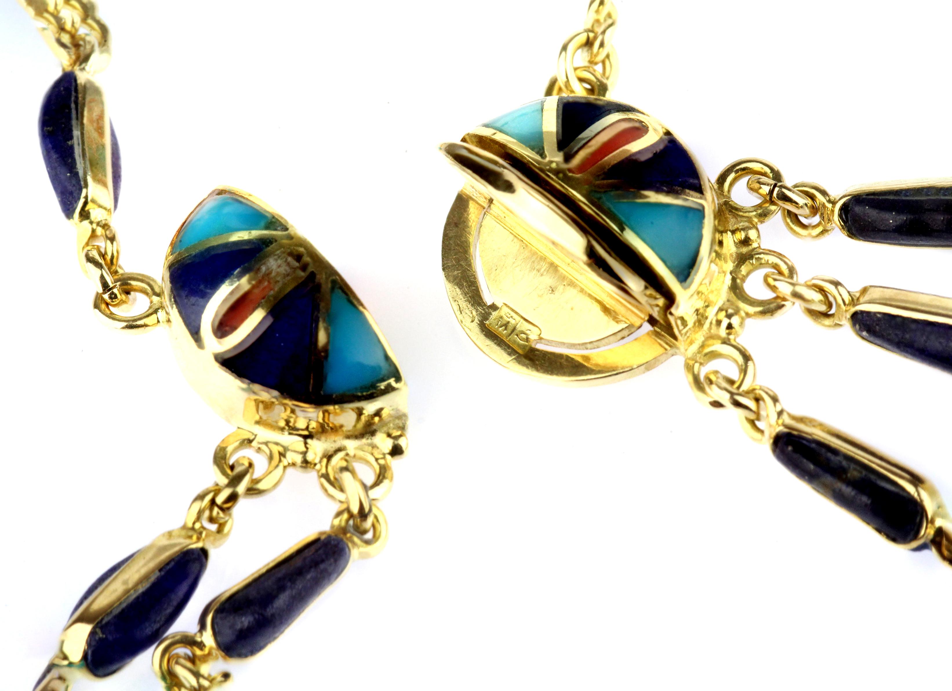 Vintage Eagle Necklace in 18K Gold, Coral, Lapis Lazuli, and Turquoise Mosaics For Sale 3