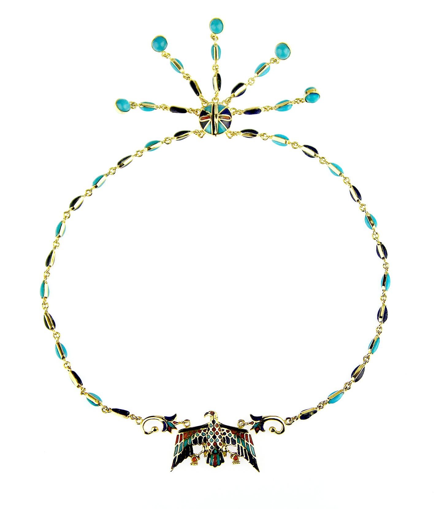 Vintage Eagle Halskette aus 18K Gold, Koralle, Lapislazuli und Türkis Mosaiken (Cabochon) im Angebot
