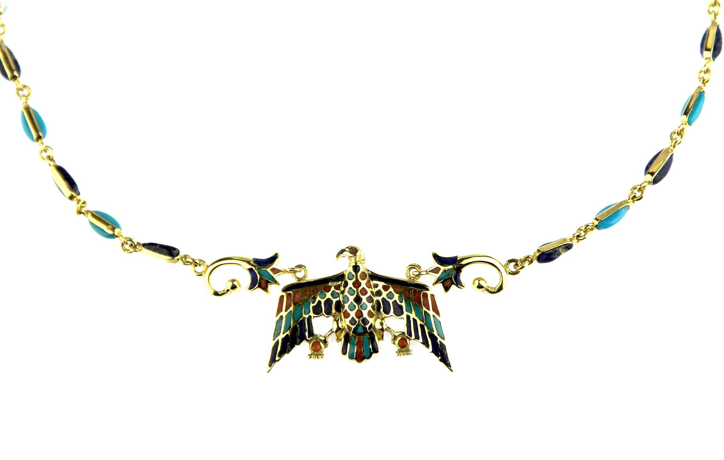 Vintage Eagle Halskette aus 18K Gold, Koralle, Lapislazuli und Türkis Mosaiken im Zustand „Hervorragend“ im Angebot in London, GB