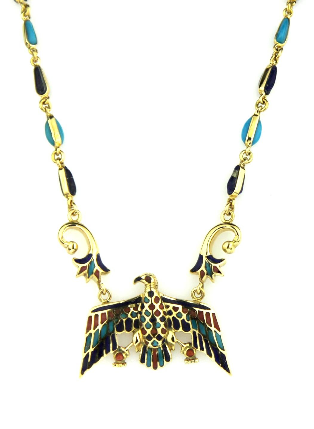 Retro Vintage Eagle Necklace in 18K Gold, Coral, Lapis Lazuli, and Turquoise Mosaics For Sale