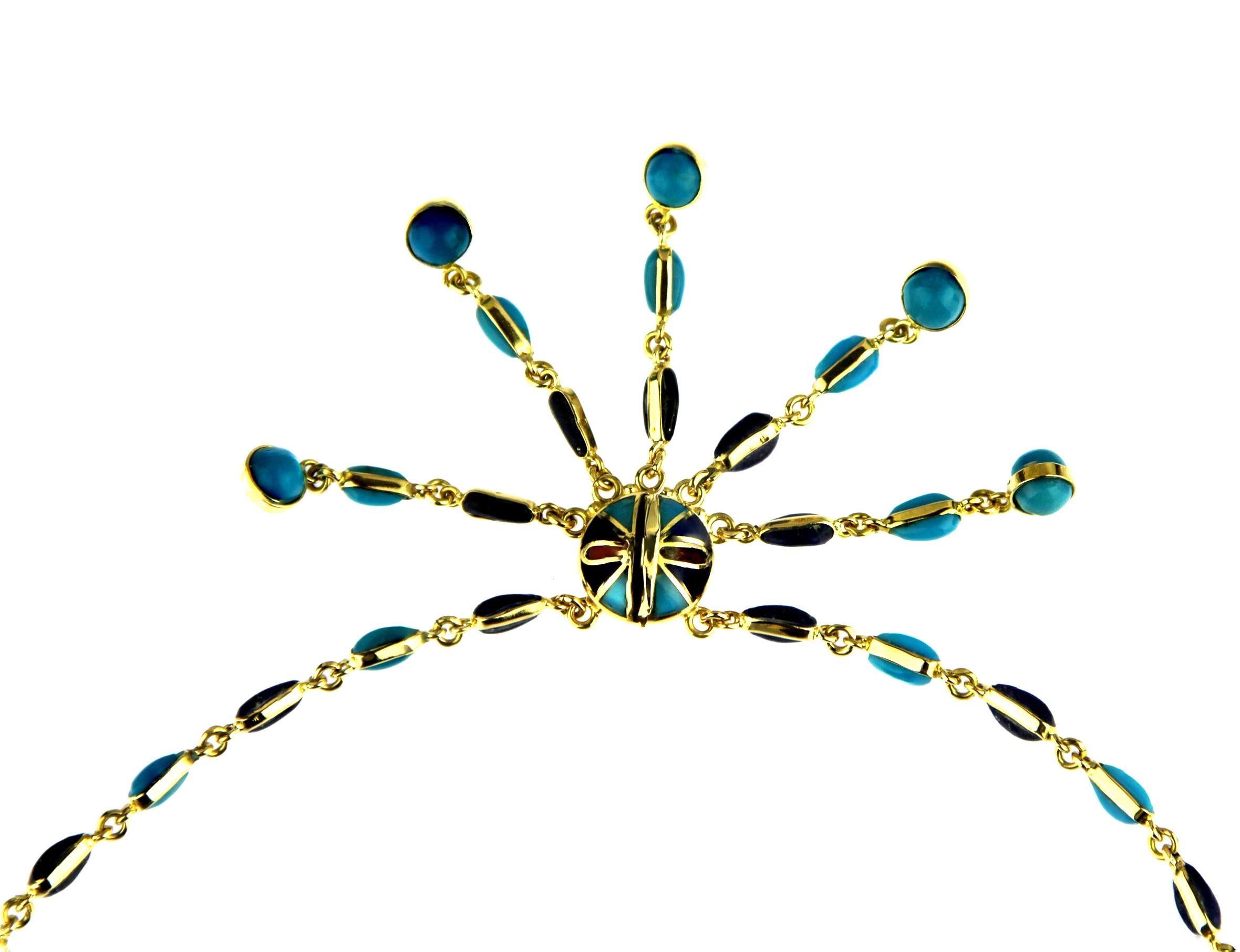 Collier d'aigle vintage en or 18 carats, corail, lapis-lazuli et mosaïques de turquoise en vente 1
