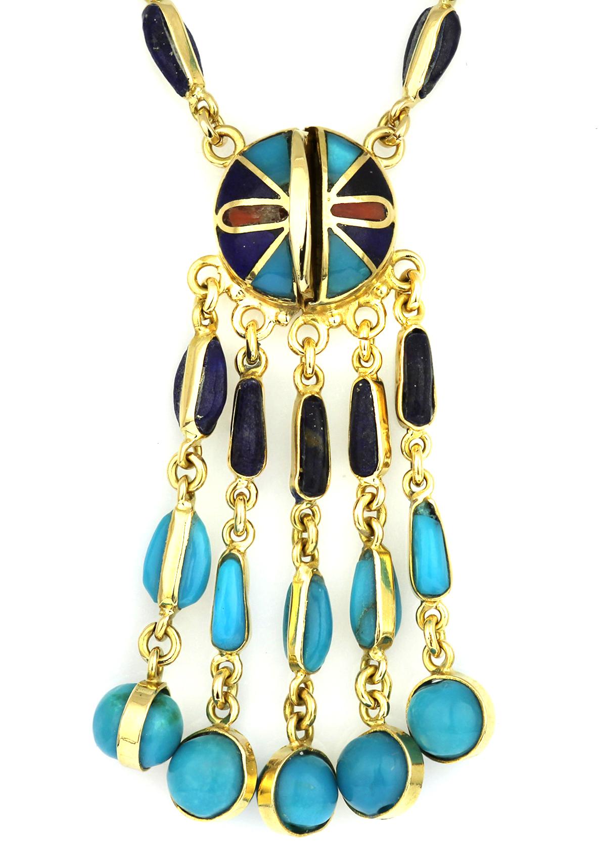 Women's Vintage Eagle Necklace in 18K Gold, Coral, Lapis Lazuli, and Turquoise Mosaics For Sale