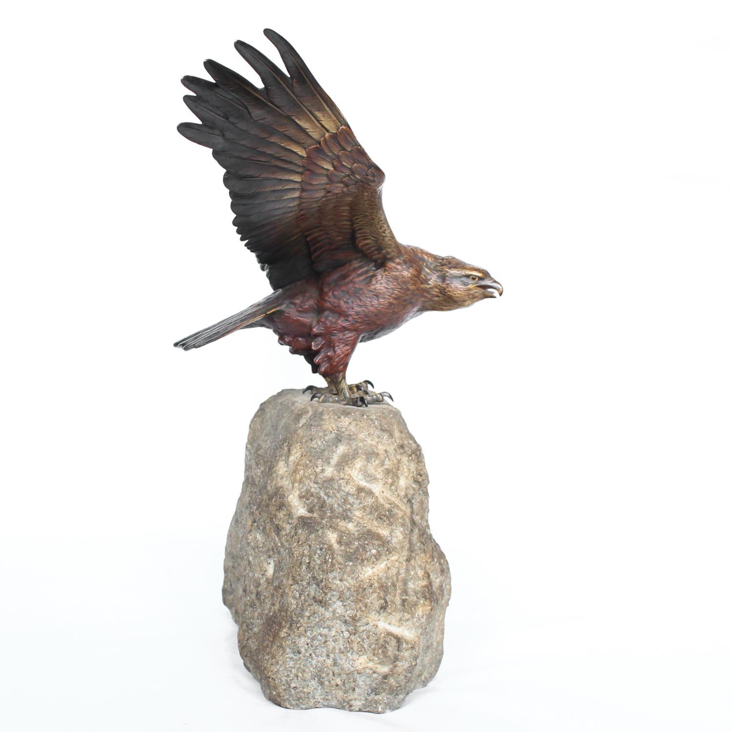 A bronze study of an eagle about to take flight with its wings outspread on the edge of a naturalistic rocky outcrop with excellent colour and fine hand finished detail. Signed with the Bergman ‘B’ to underside of tail.

Dimensions: H 37cm x W 38cm