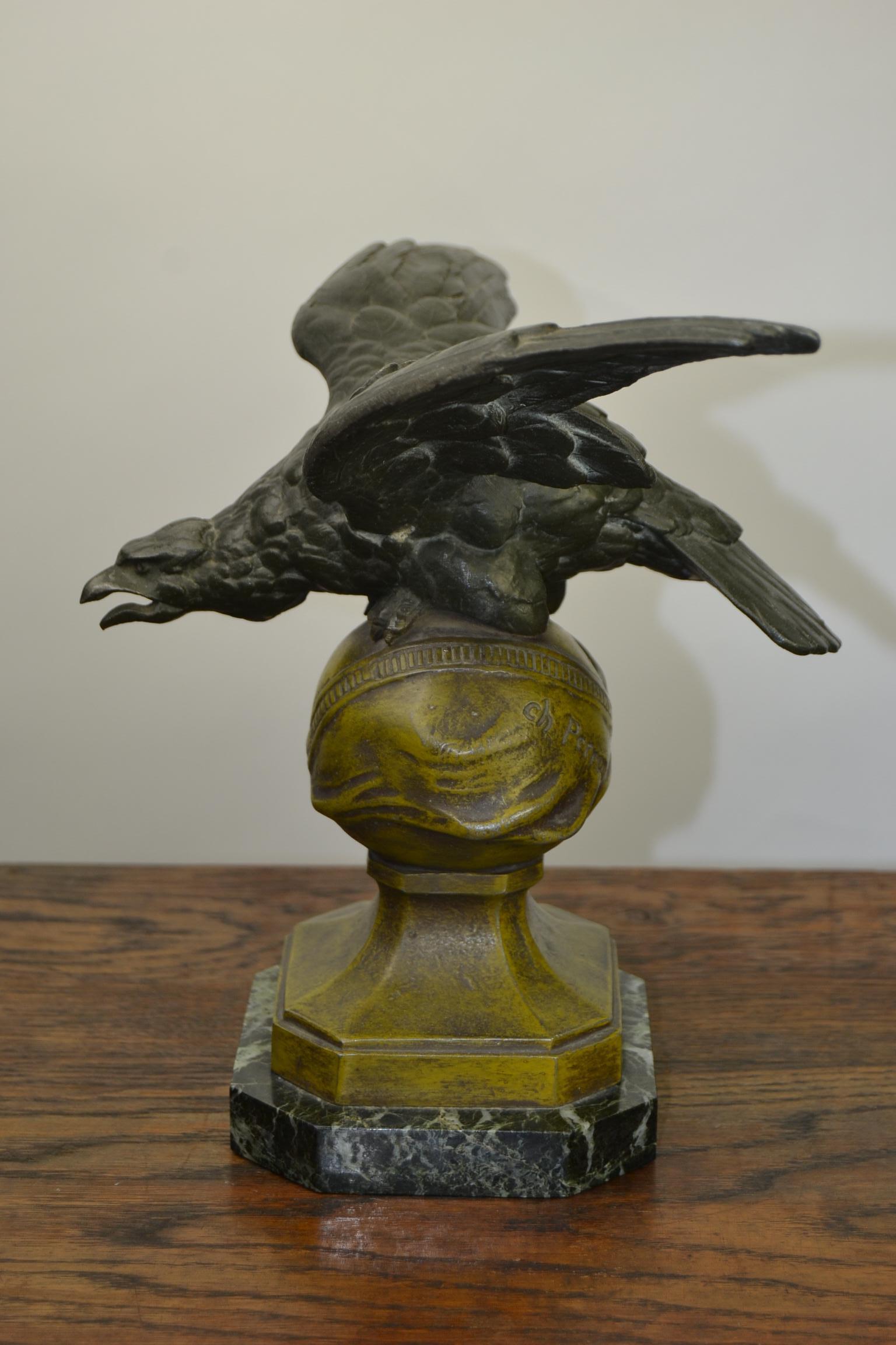Metal Eagle on Globe Ornament by Ch Perron, France, Art Nouveau