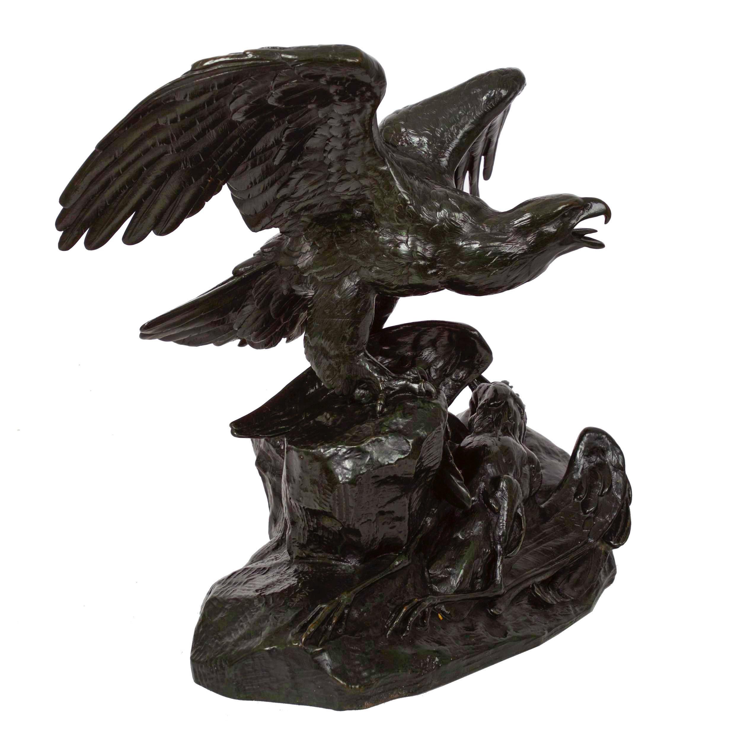 A fine post-humous casting of Barye's Eagle Holding a Heron, the original model seems to have debuted around 1836 but is first documented in Barye's catalogue around 1857 as No. 106 available for 190 francs. By 1862 he had raised the price to 200