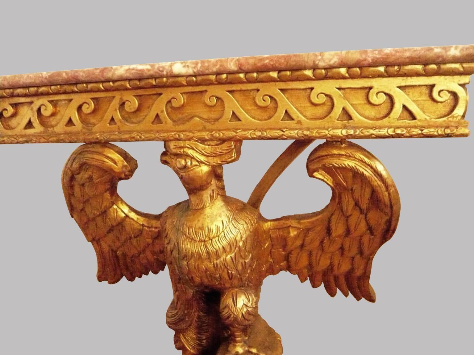 Empire Revival Eagle Pair of French Giltwood and Marble Consoles Side Tables