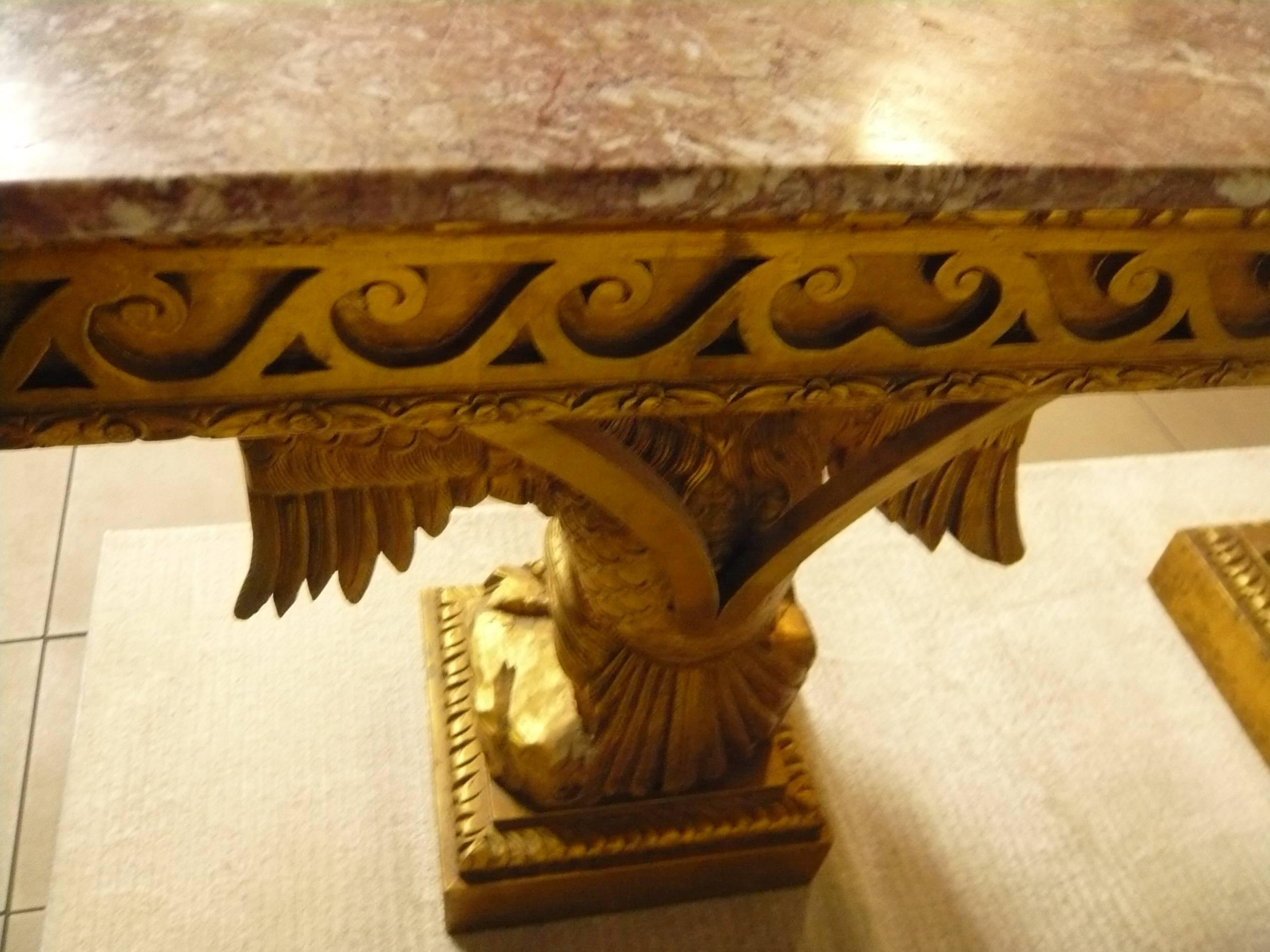 Eagle Pair of French Giltwood and Marble Consoles Side Tables In Good Condition In Paris, FR