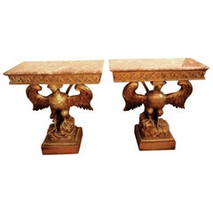 Eagle Pair of French Giltwood and Marble Consoles Side Tables
