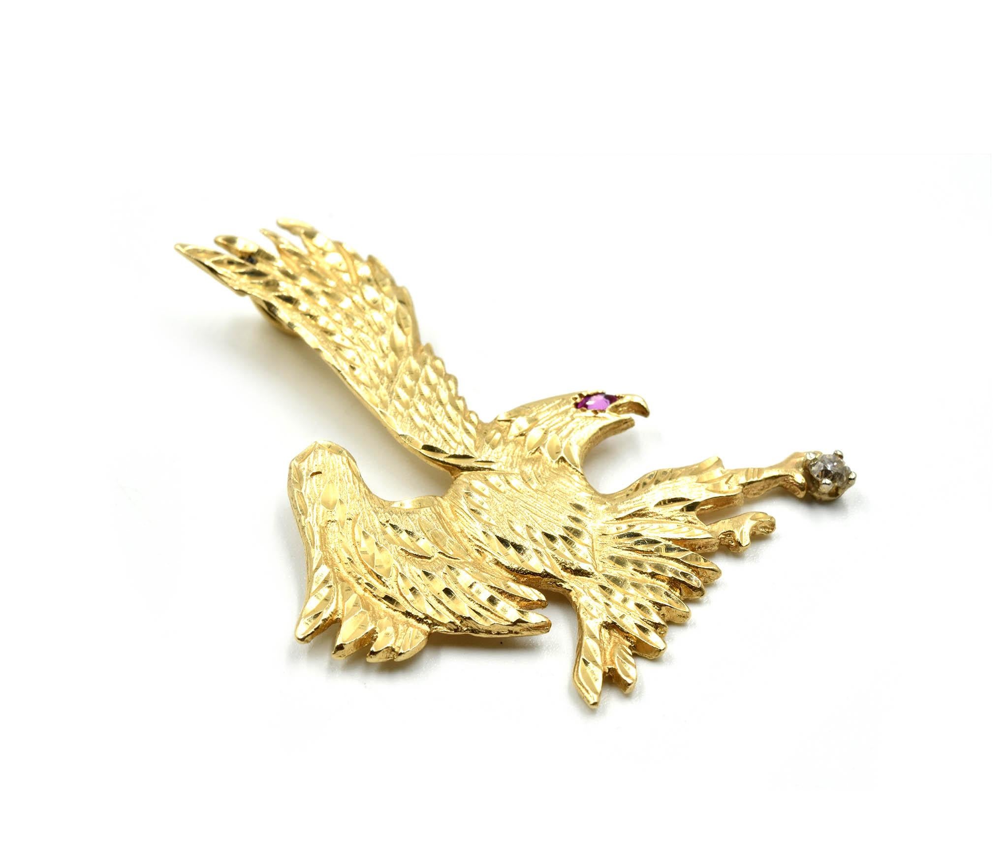 Modern Eagle Pendant with Ruby Eyes 14 Karat Yellow Gold