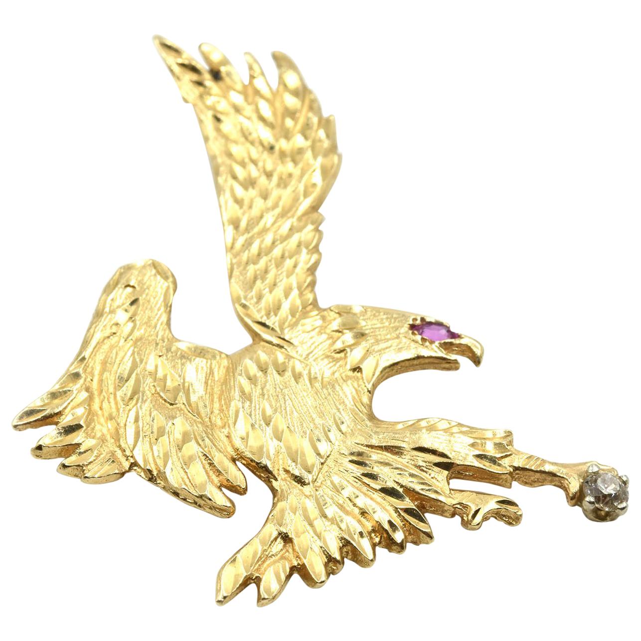 Eagle Pendant with Ruby Eyes 14 Karat Yellow Gold