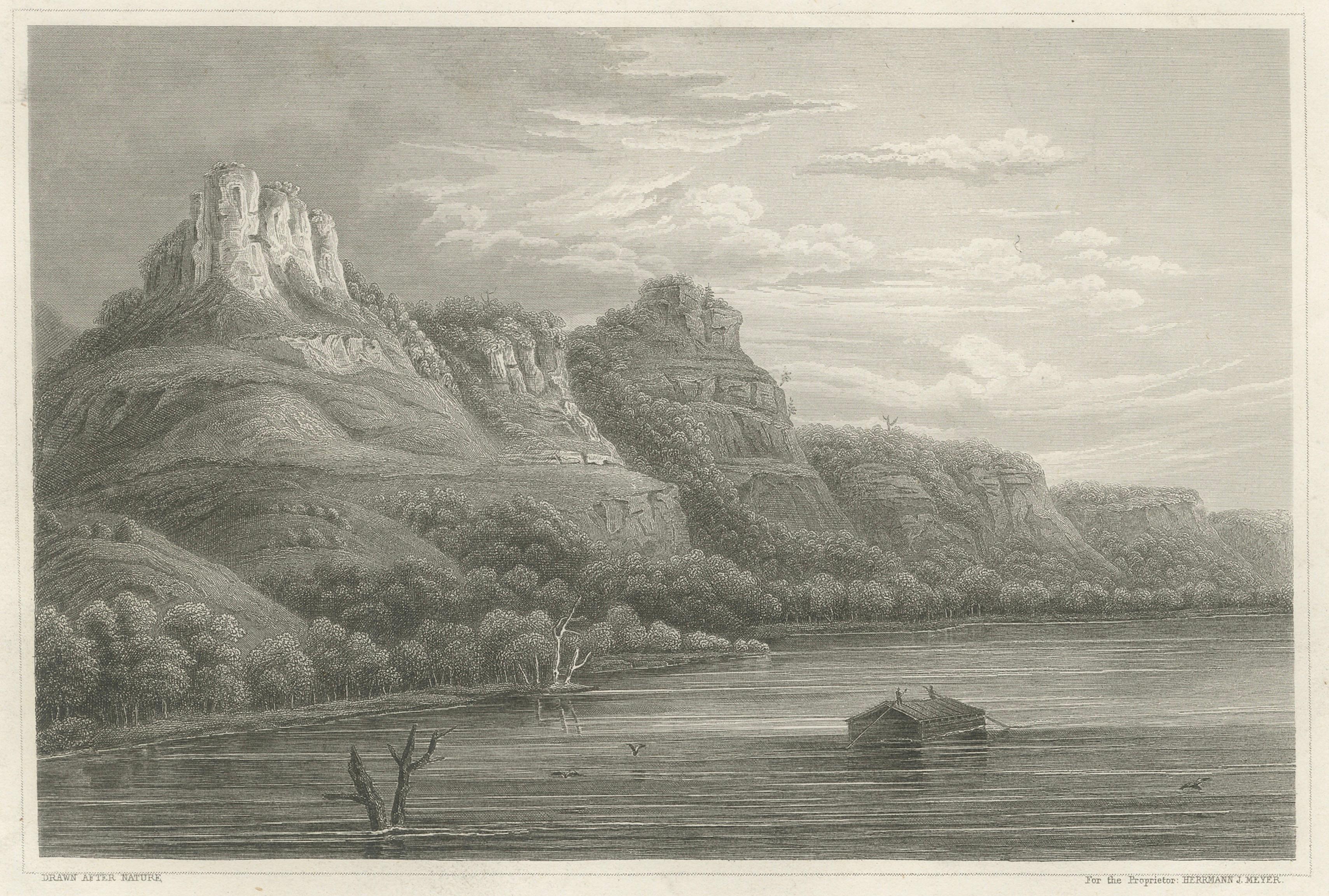 Eagle Rocks Mississippi River, Antique Steel Engraving c.1850