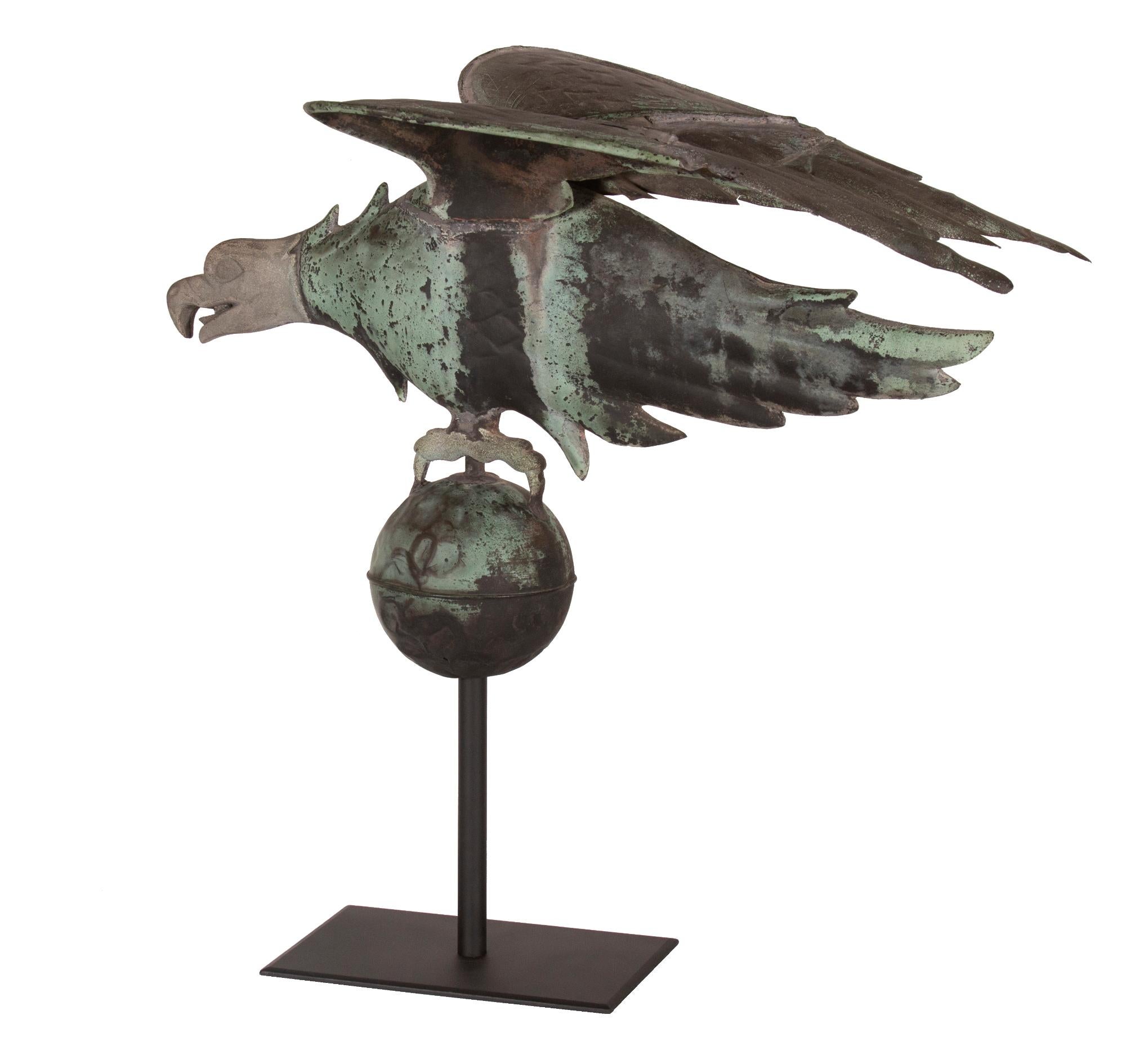 Eagle weathervane in a beautiful form with great folk presence, possibly made by A.L. JEWELL & CO. (1852-1867) or its predecessor, Cushing & White / L.W. Cushing (1867-1870’s), Waltham, Massachusetts:

Eagle weathervane, made of hammered copper