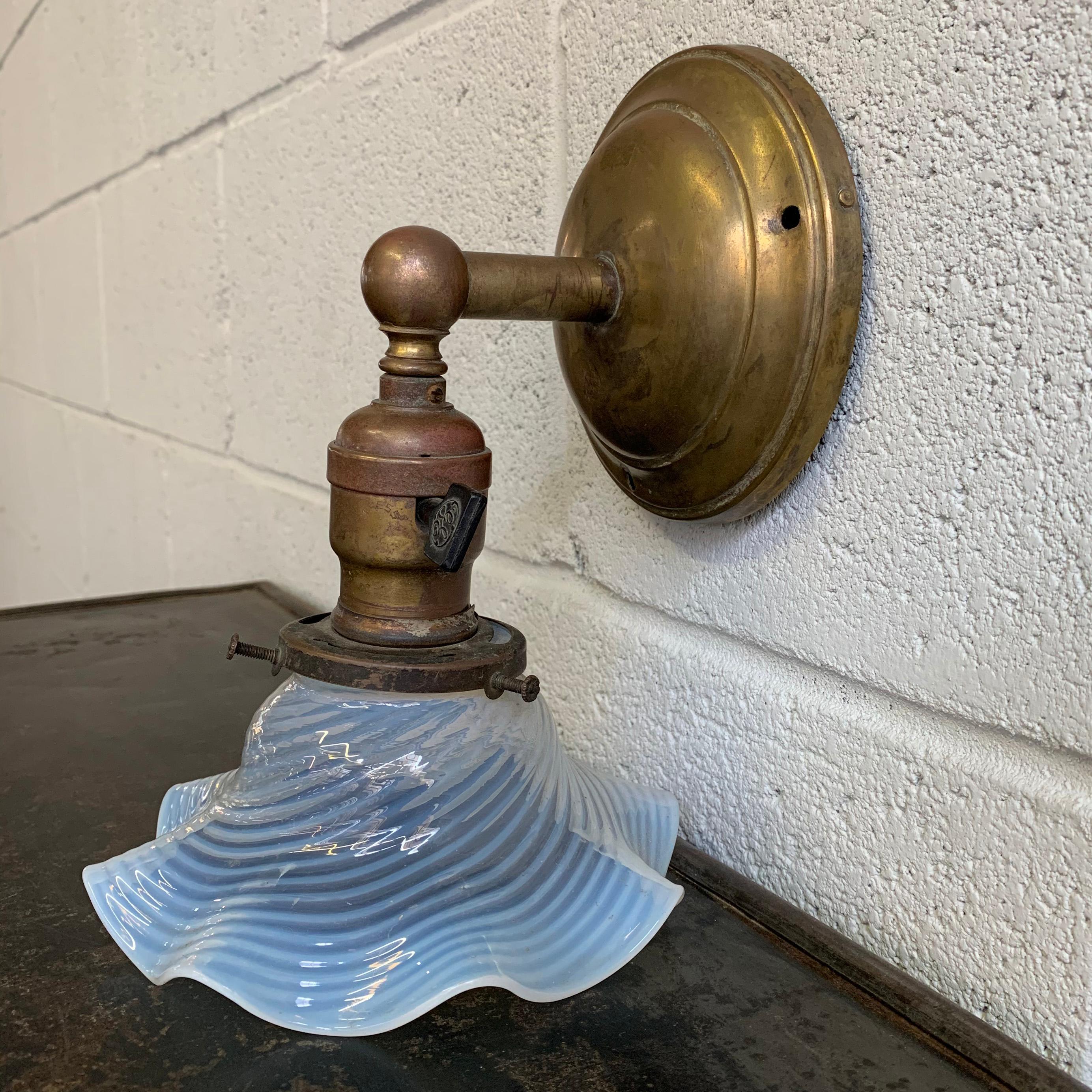 American Ealry 20th Century Industrial Brass and Opaline Glass Wall Sconce Light