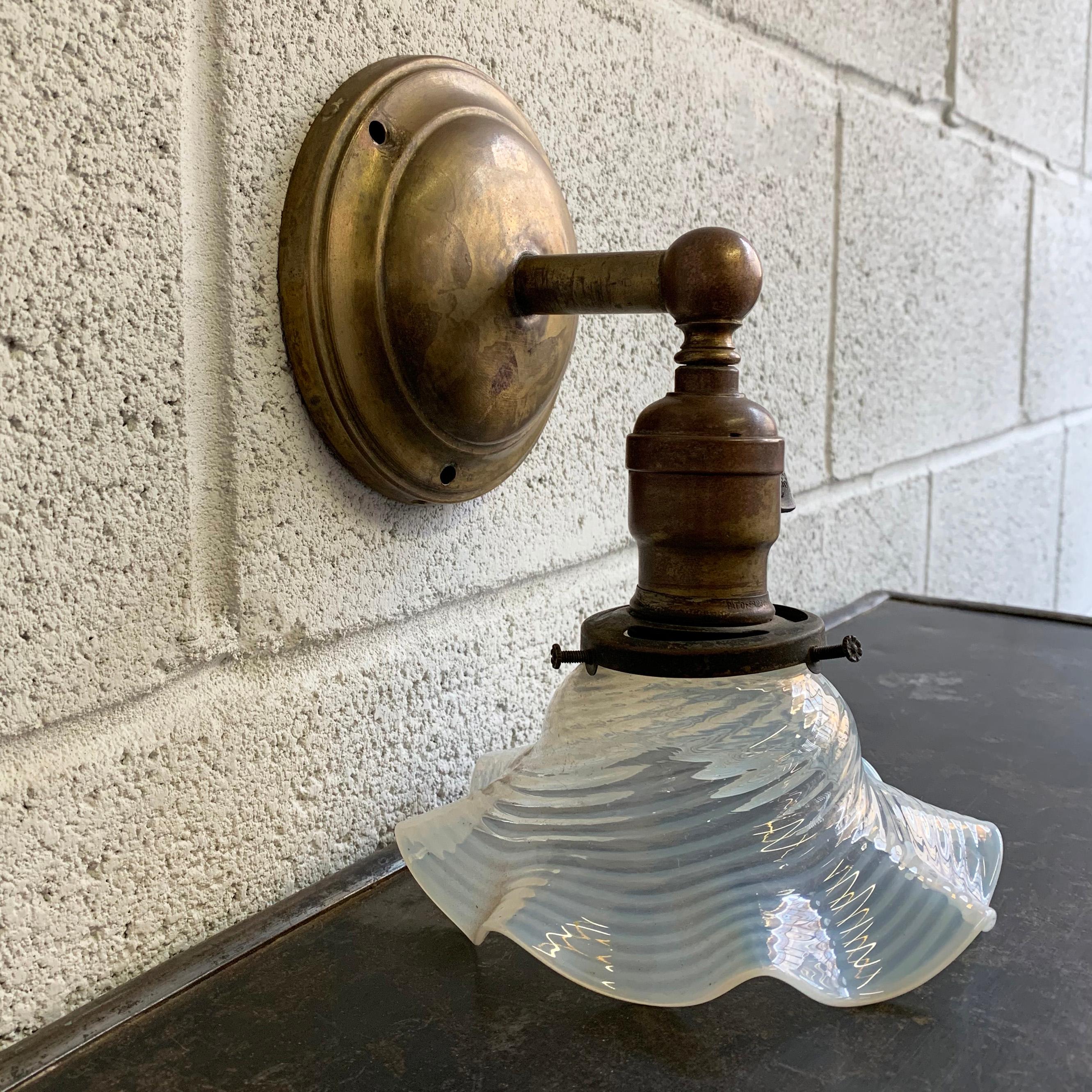 Ealry 20th Century Industrial Brass and Opaline Glass Wall Sconce Light In Good Condition In Brooklyn, NY