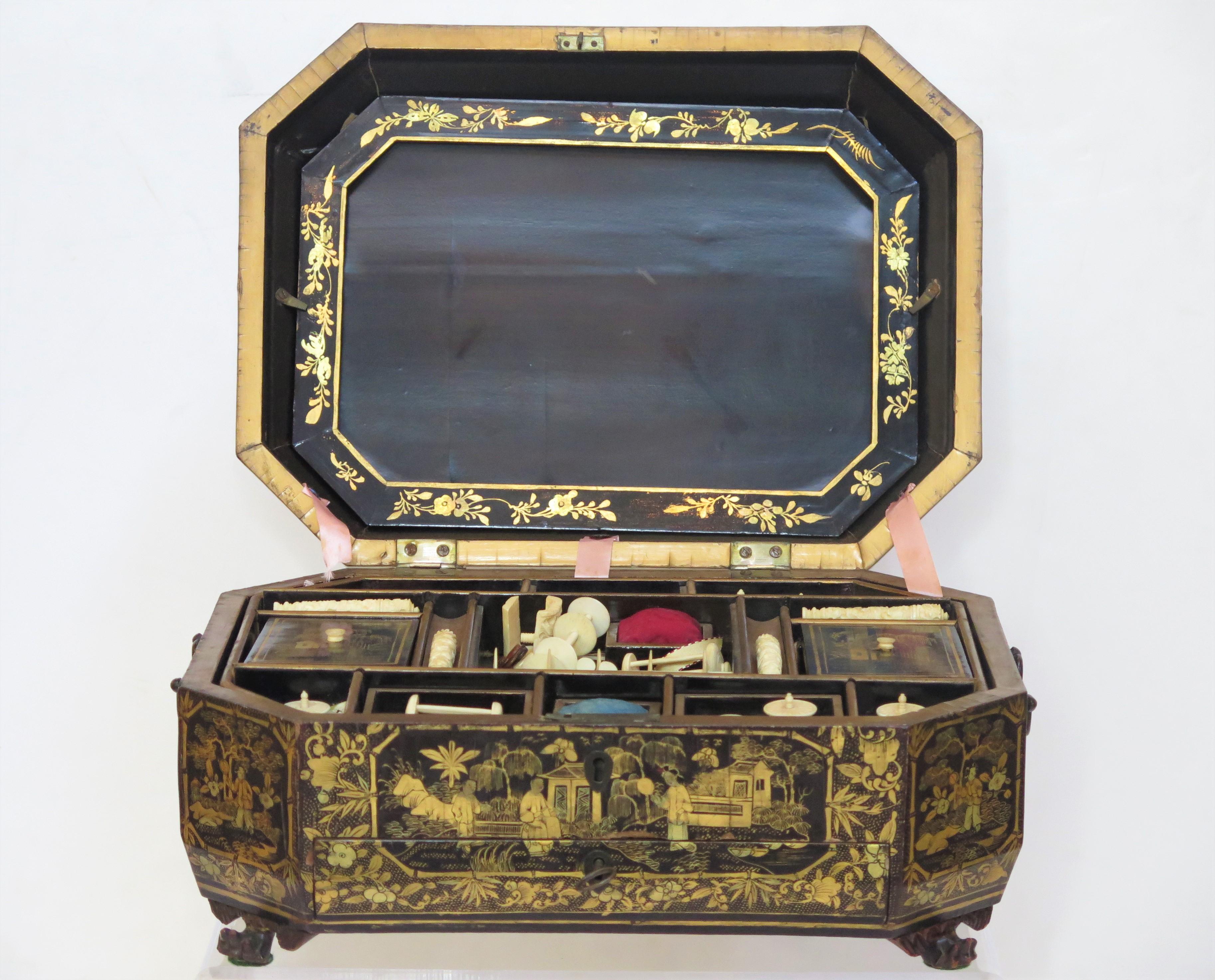 Ealy 19. Jahrhundert Chinesisch Export Lacquer Nähen Box (Lack) im Angebot