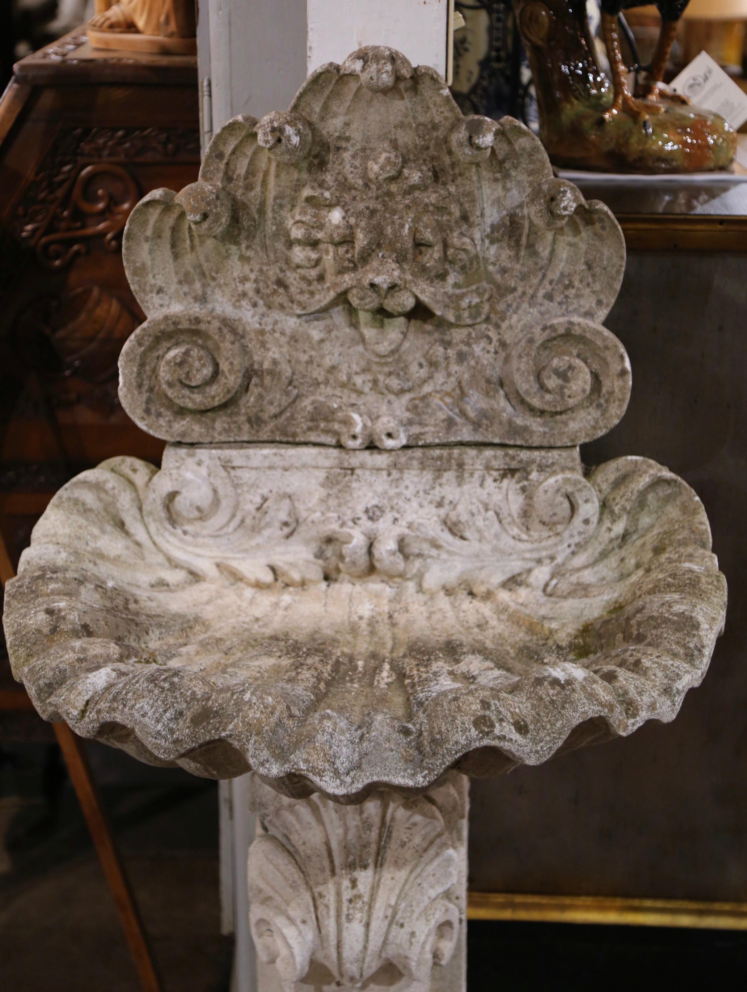  Ealy 20th Century French Carved Weathered Stone Wall Fountain with Shell Decor In Excellent Condition In Dallas, TX