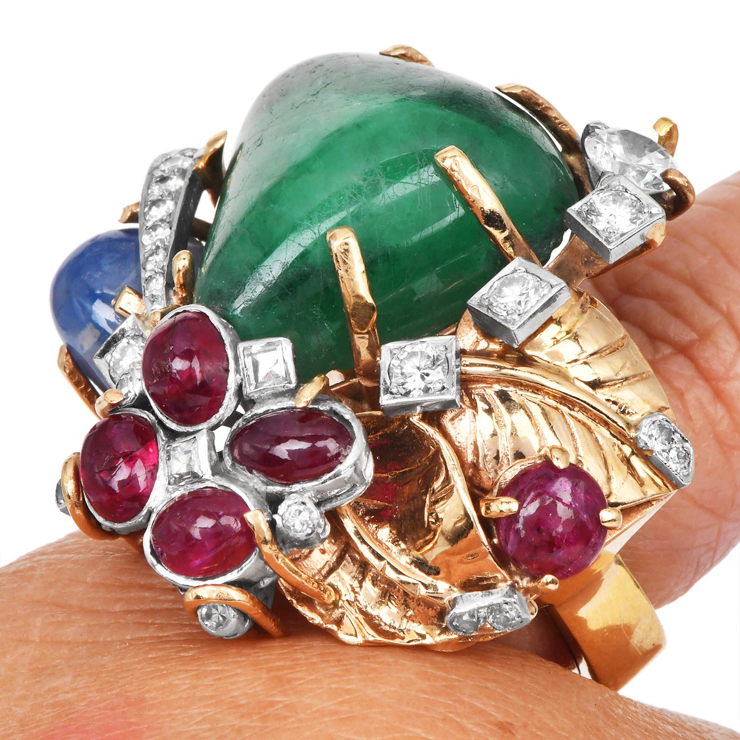 Seaman Schepps 18K Yellow Gold Cabochon Ruby, Emerald, Sapphire & Diamond Ring 5
