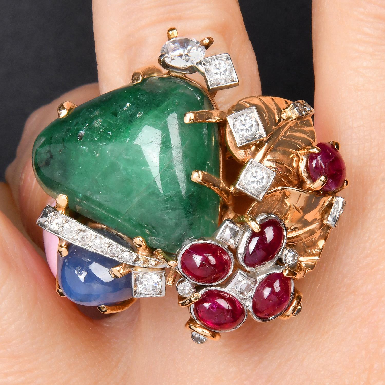 Seaman Schepps 18K Yellow Gold Cabochon Ruby, Emerald, Sapphire & Diamond Ring 6