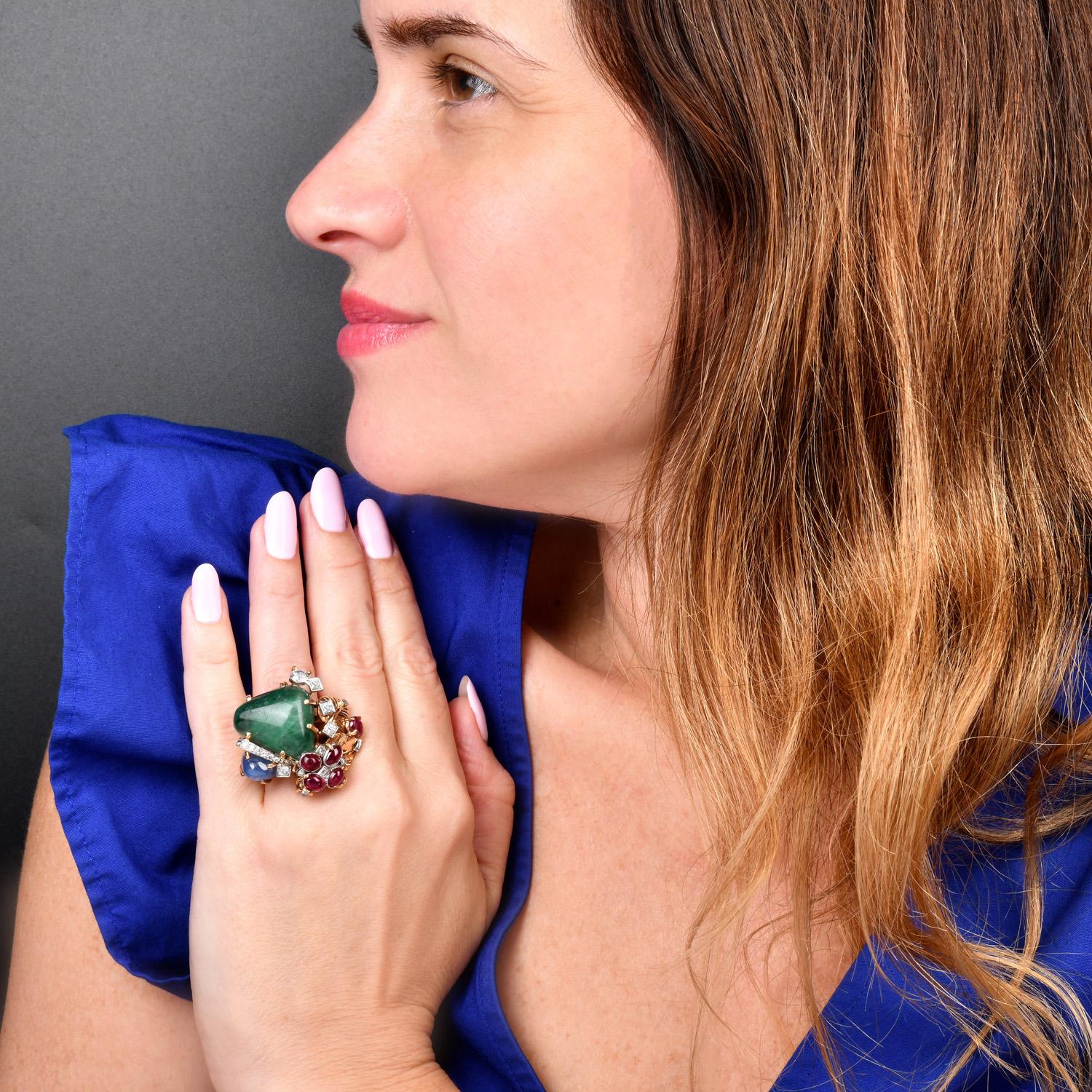 Seaman Schepps 18K Yellow Gold Cabochon Ruby, Emerald, Sapphire & Diamond Ring 7