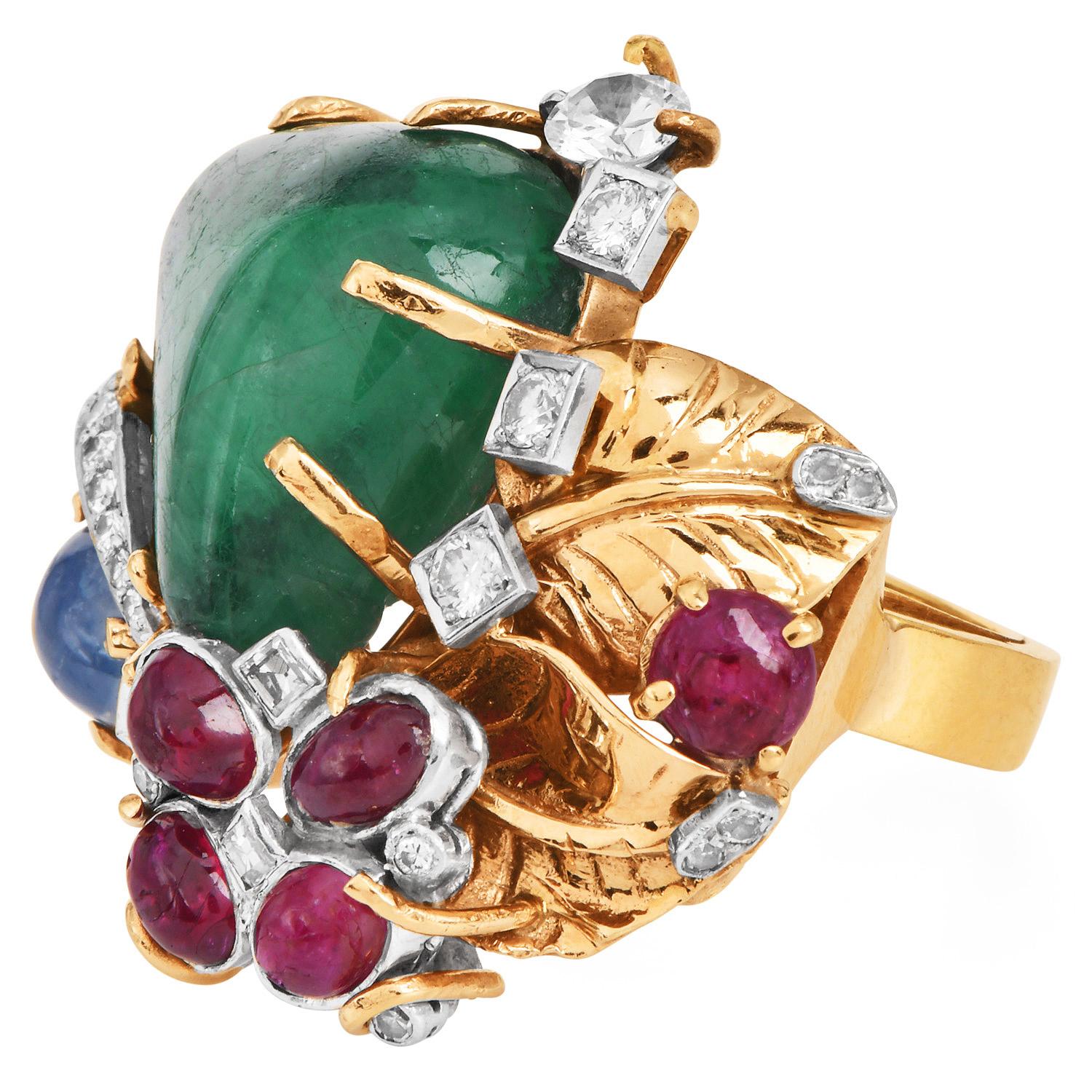 Women's Seaman Schepps 18K Yellow Gold Cabochon Ruby, Emerald, Sapphire & Diamond Ring