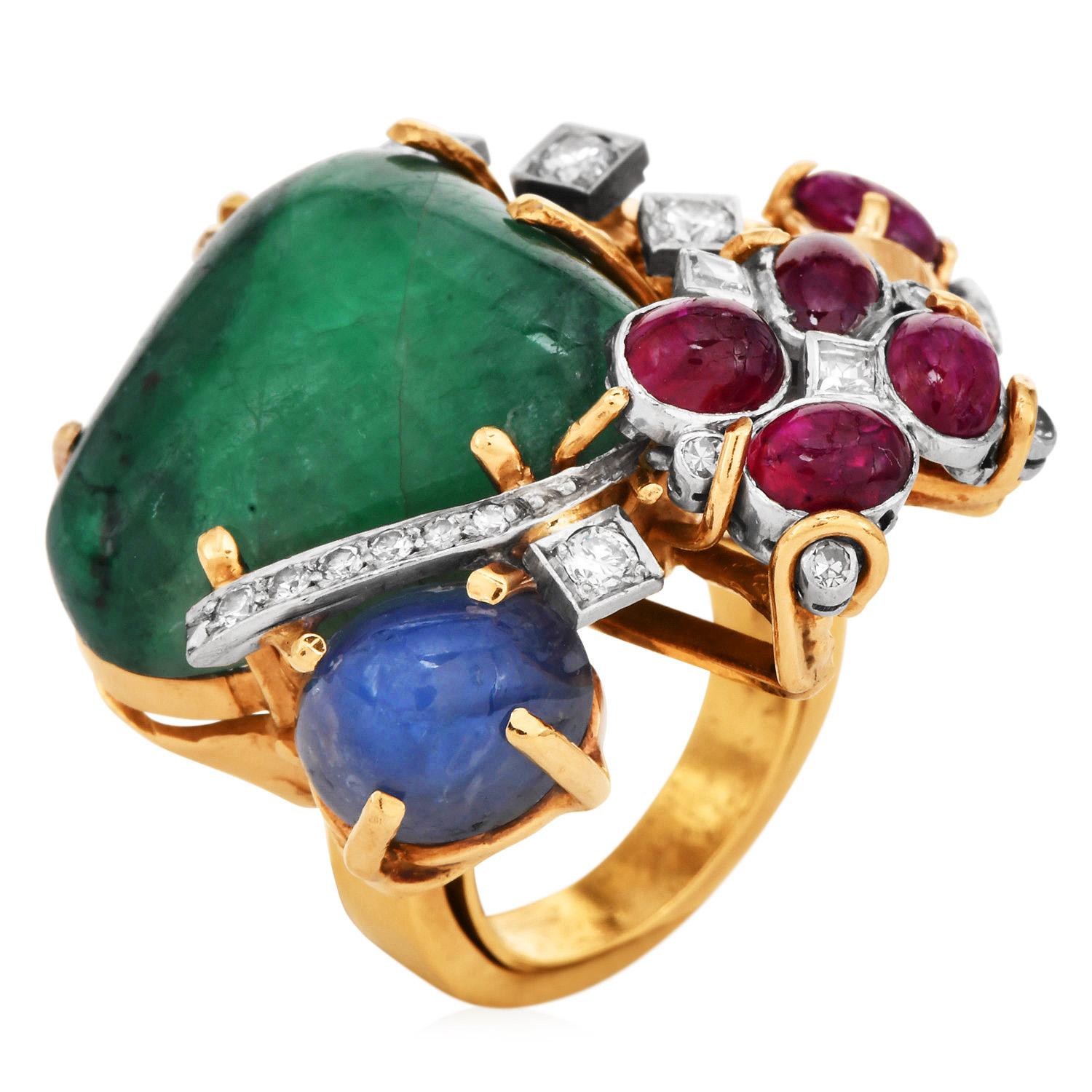 Seaman Schepps 18K Yellow Gold Cabochon Ruby, Emerald, Sapphire & Diamond Ring 1