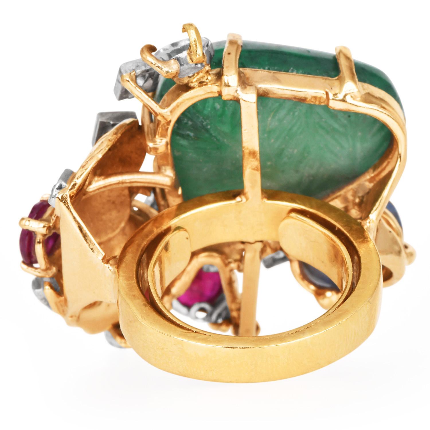 Seaman Schepps 18K Yellow Gold Cabochon Ruby, Emerald, Sapphire & Diamond Ring 2