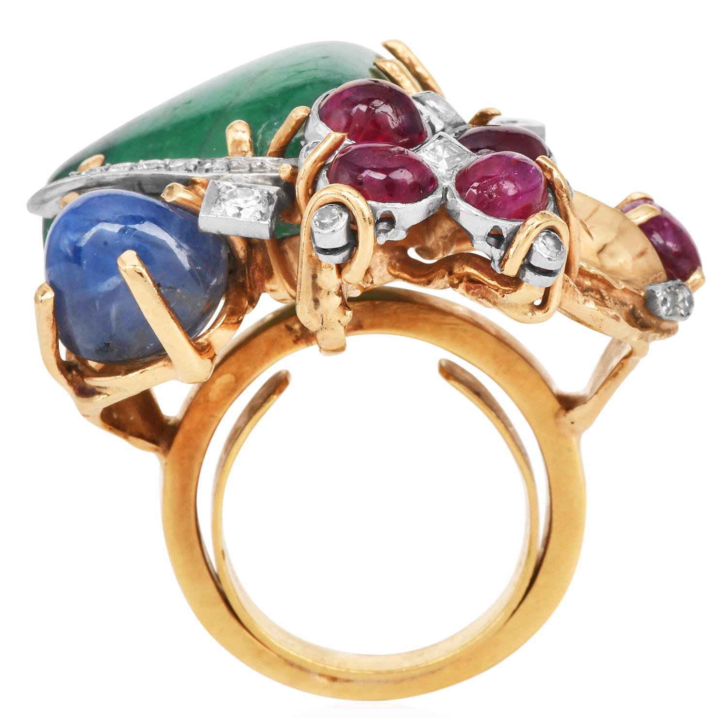Seaman Schepps 18K Yellow Gold Cabochon Ruby, Emerald, Sapphire & Diamond Ring 3