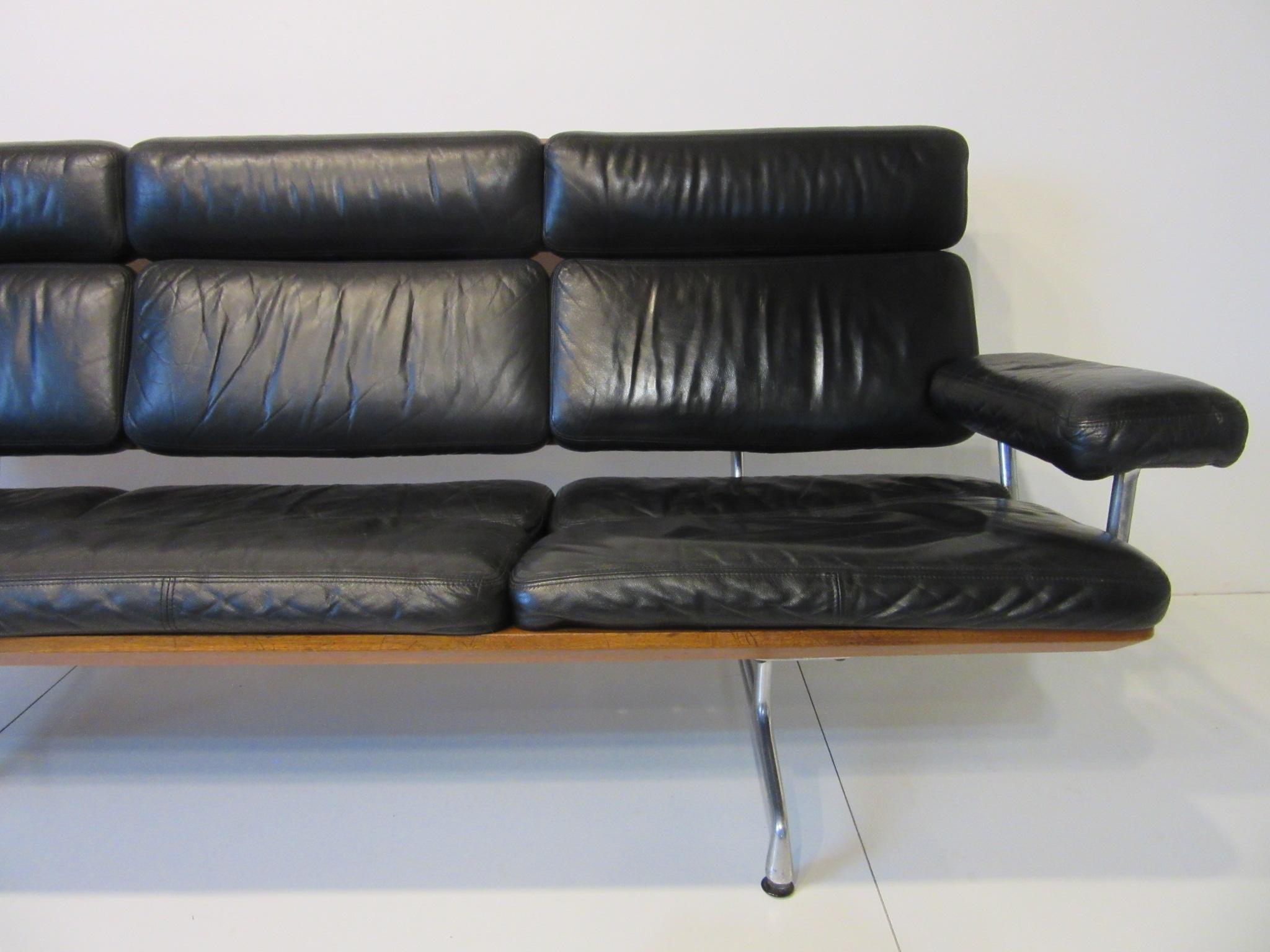 20th Century Eames 3473 Leather Soft Pad / Walnut Aluminum Group Sofa for Herman Miller