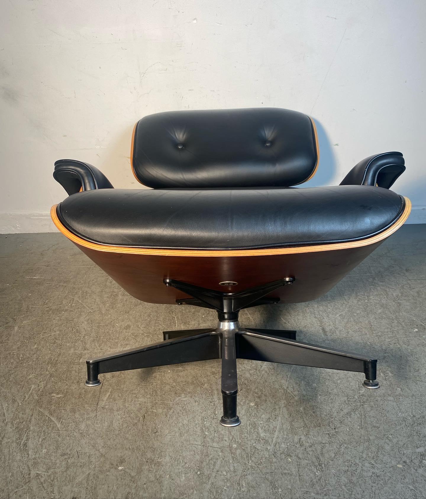 Aluminum Eames 50th Anniversary Lounge Chair and Ottoman, Cherry and Black Leather 2006