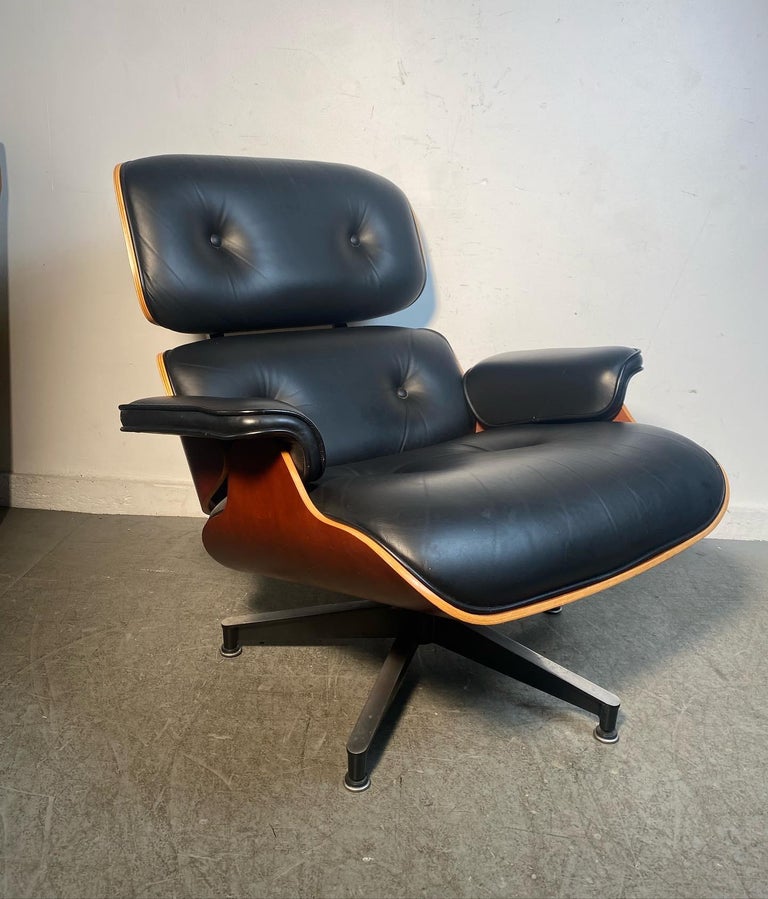 Mid-Century Modern Eames 50th Anniversary Lounge Chair and Ottoman, Cherry and Black Leather 2006 For Sale