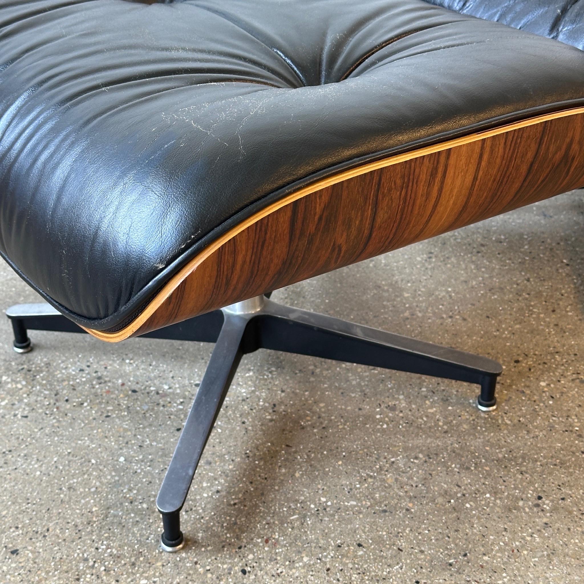 c. 1970s. Price is for the set. Contact us if you’d like to purchase a single item. Rosewood frame with black leather cushions. Tagged. 

Ottoman
17.25