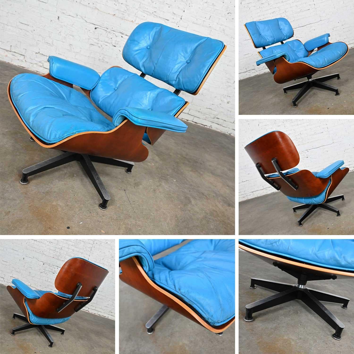 Eames 670 Lounge Chair 671 Ottoman Blue Leather Walnut Rosewood Herman Miller 6