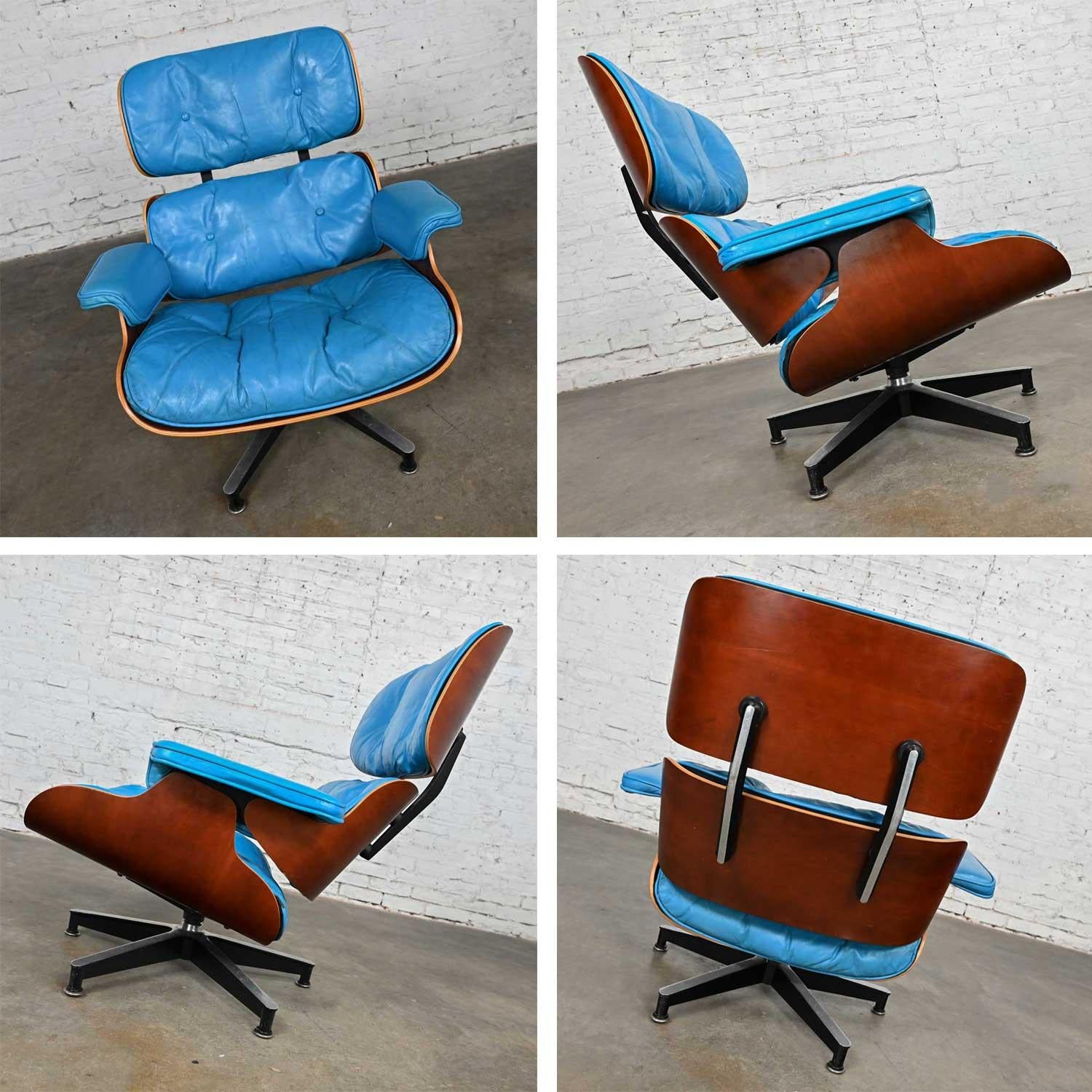 Eames 670 Lounge Chair 671 Ottoman Blue Leather Walnut Rosewood Herman Miller 11