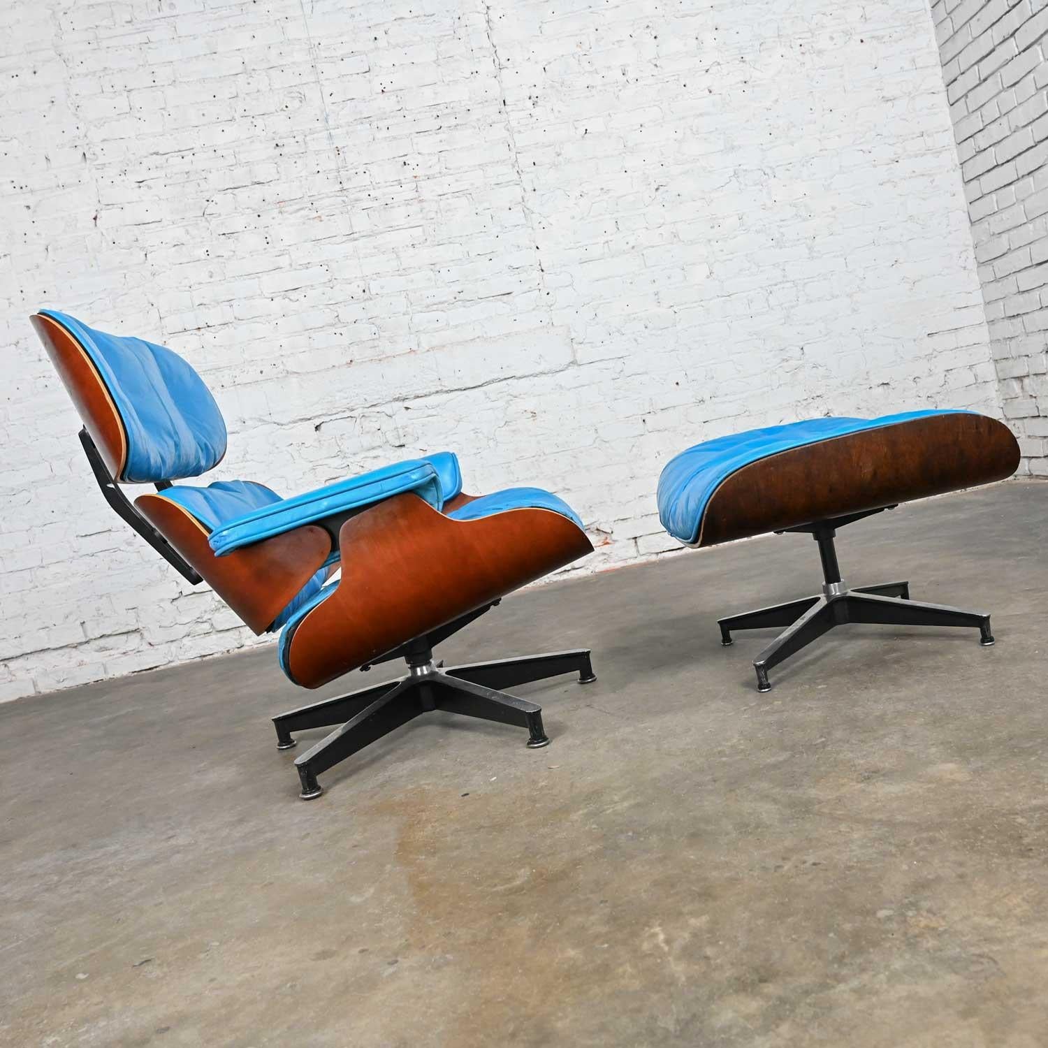 American Eames 670 Lounge Chair 671 Ottoman Blue Leather Walnut Rosewood Herman Miller