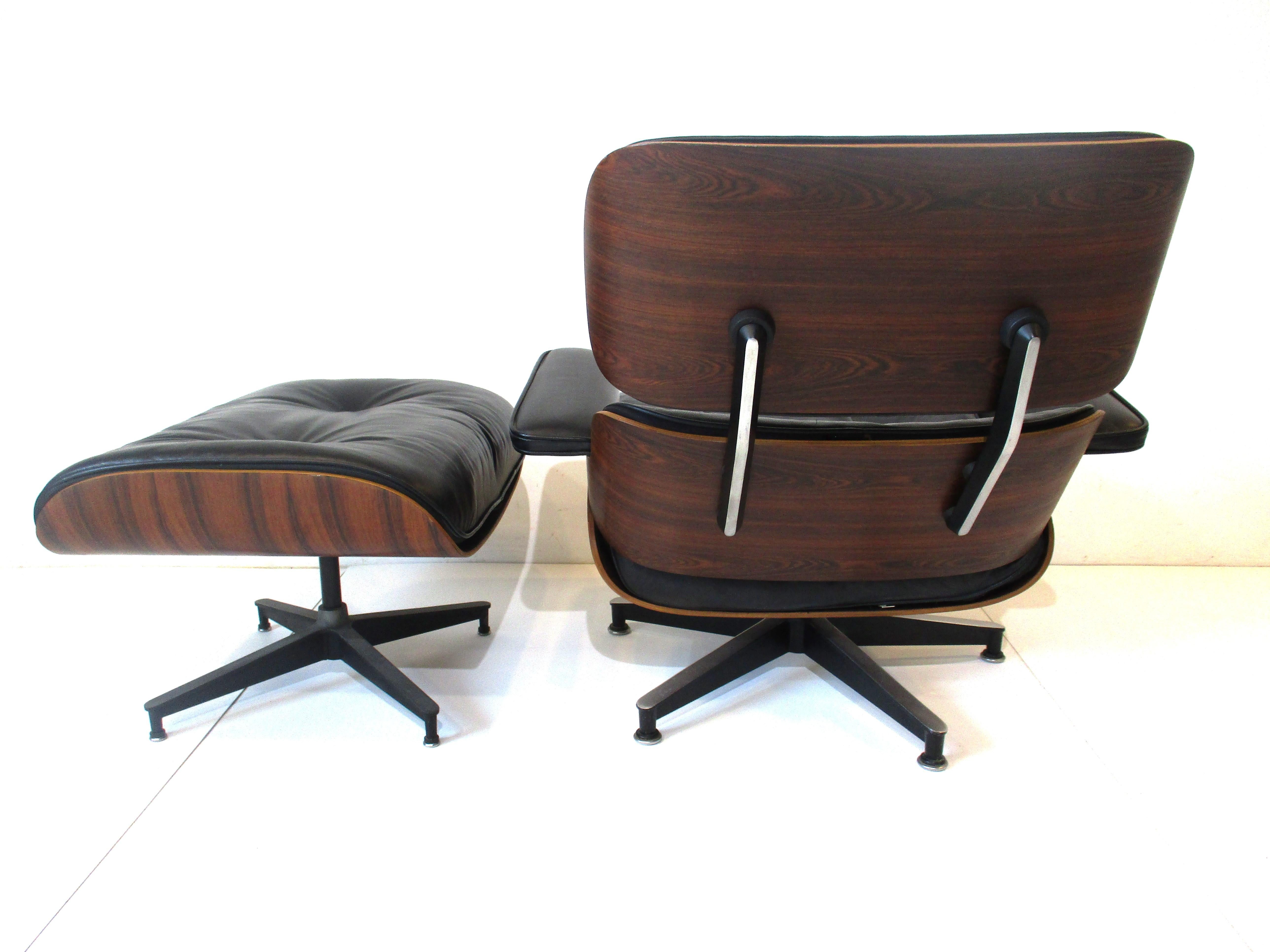American Eames 670 Rosewood Leather Lounge Chair with Ottoman 'B'