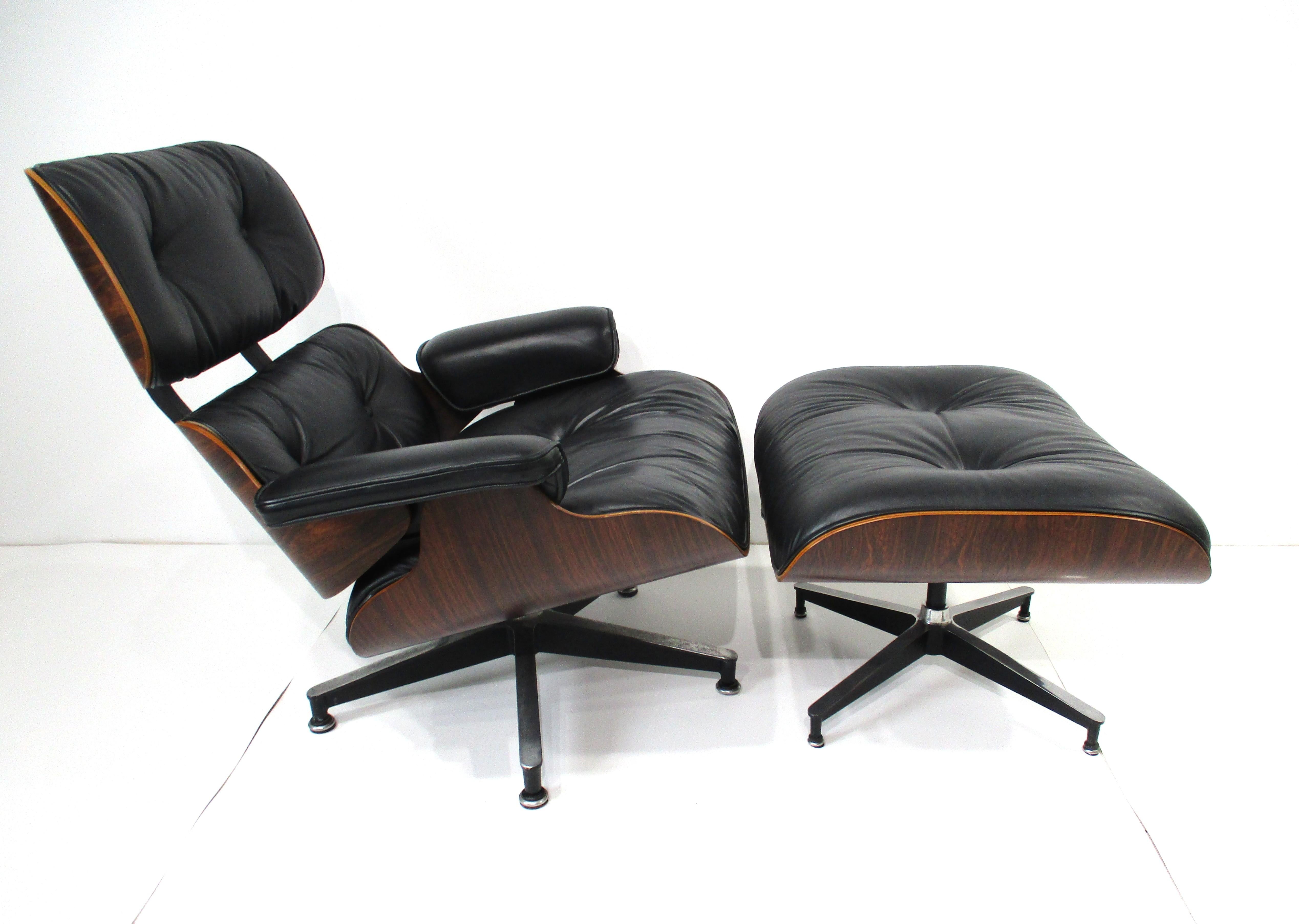 American Eames 670 Rosewood Leather Lounge Chair with Ottoman for Herman Miller (A)