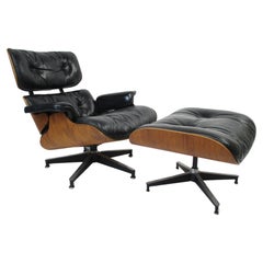 Chaise longue Eames 670 en cuir de bois de rose avec pouf pour Herman Miller