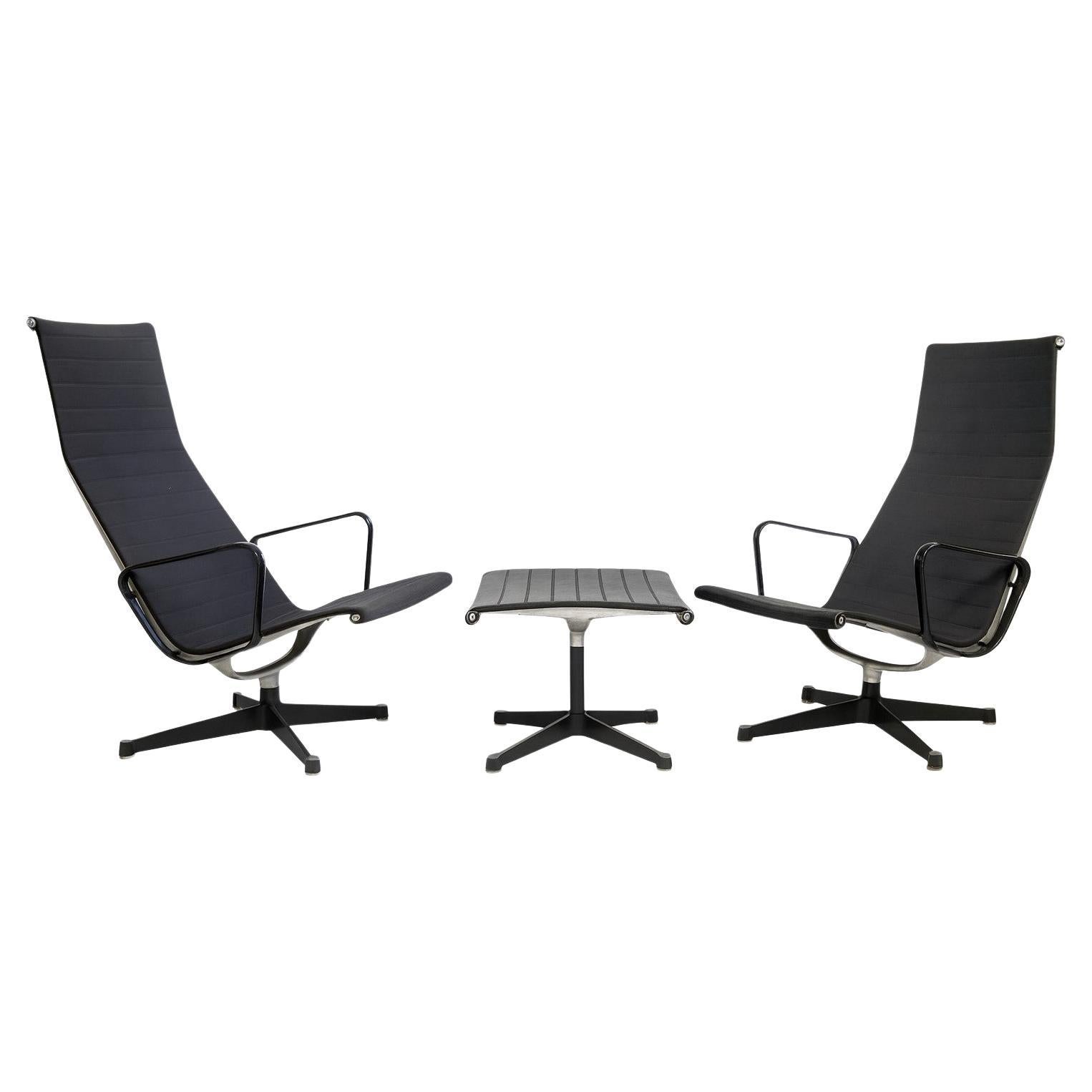 Eames Aluminium Group EA124 Lounge Chairs + EA125 Ottoman Herman Miller Ed. For Sale