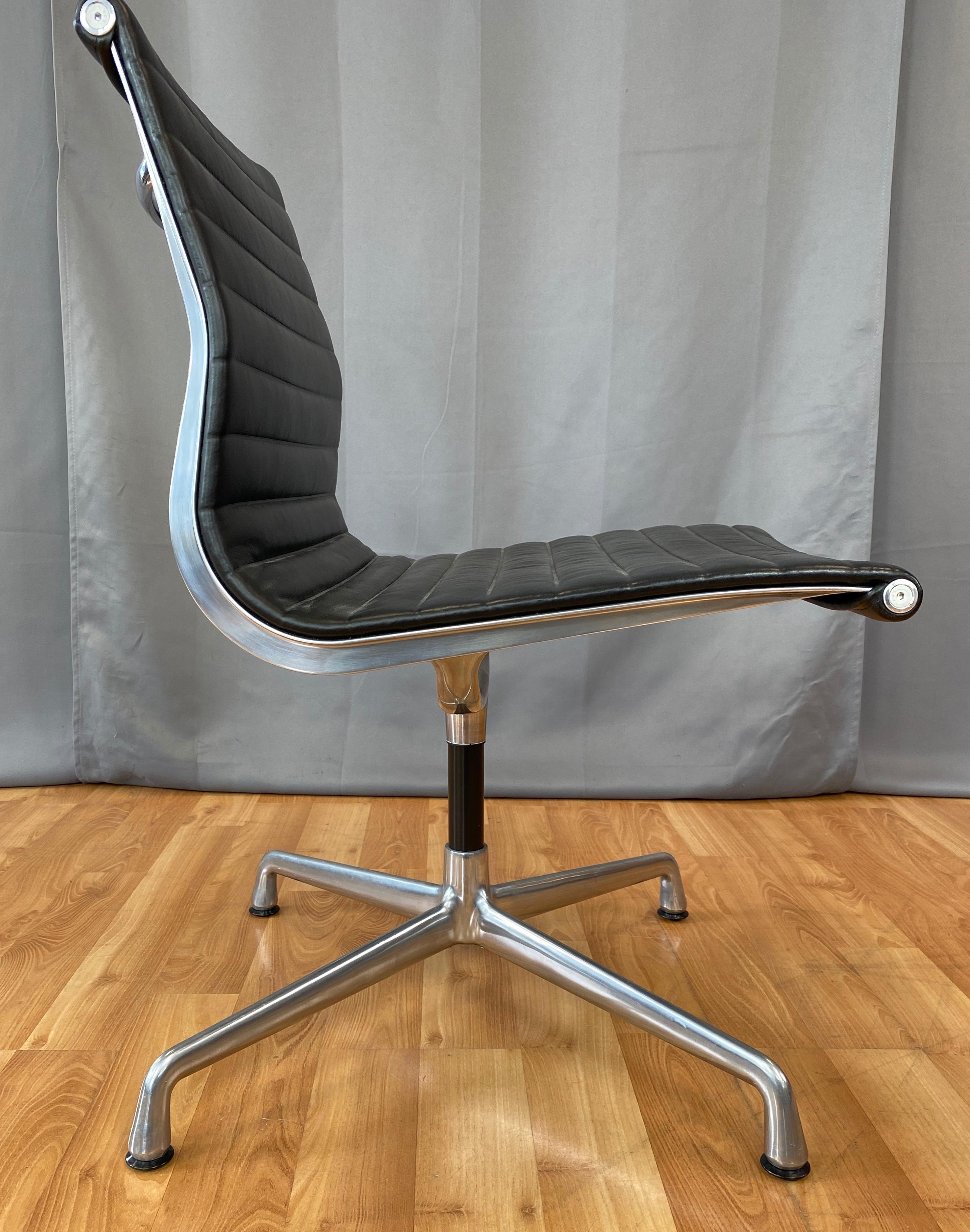 Eames Aluminum Group Side Chair, in Black Leather, 4 Star Base 4