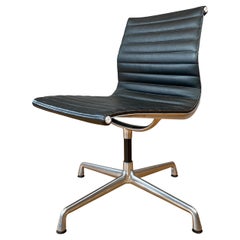 Eames Aluminum Group Side Chair, in Black Leather, 4 Star Base