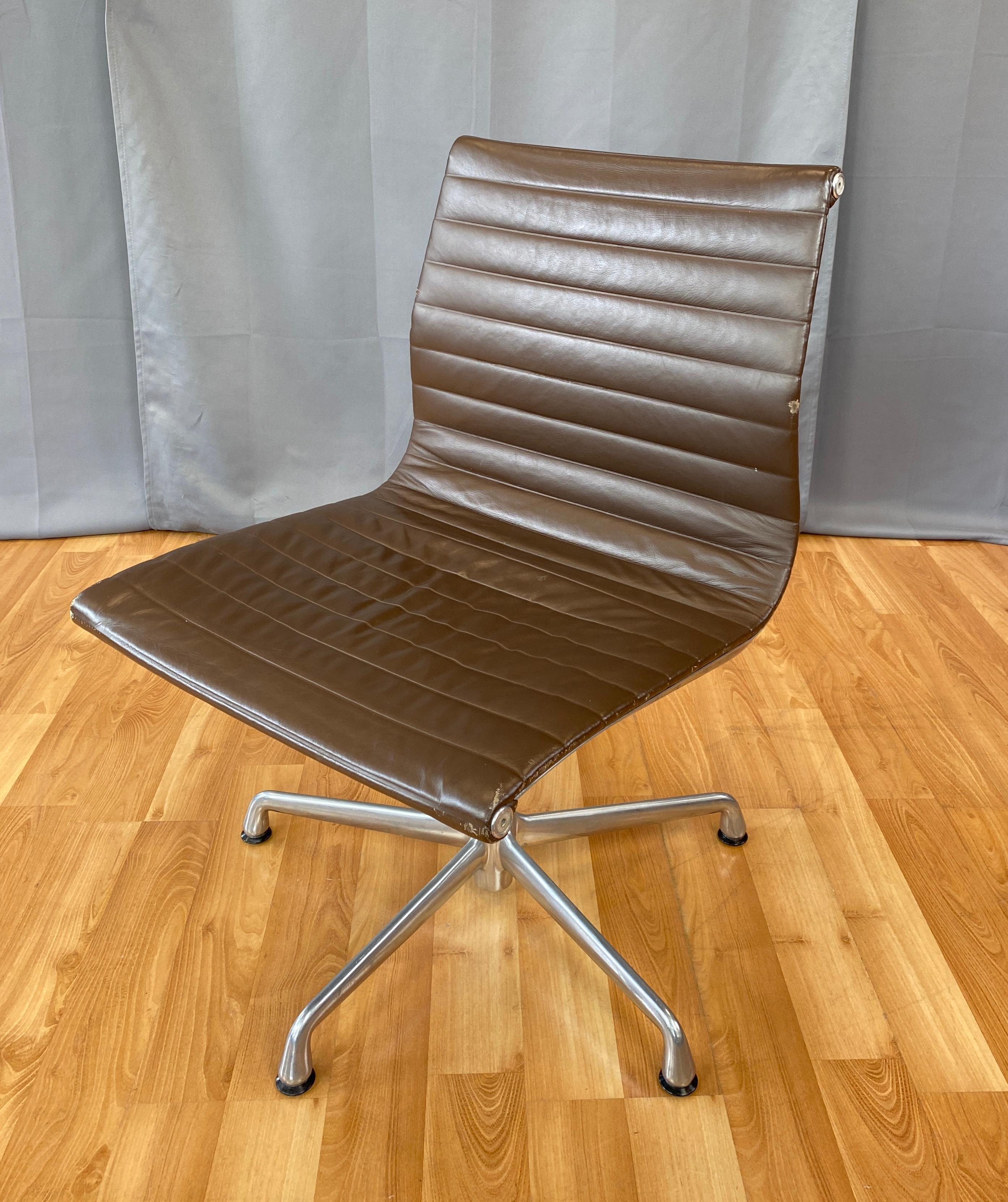 Mid-Century Modern Eames Aluminum Group Side Chair, in Brown Leather 5 Star Base