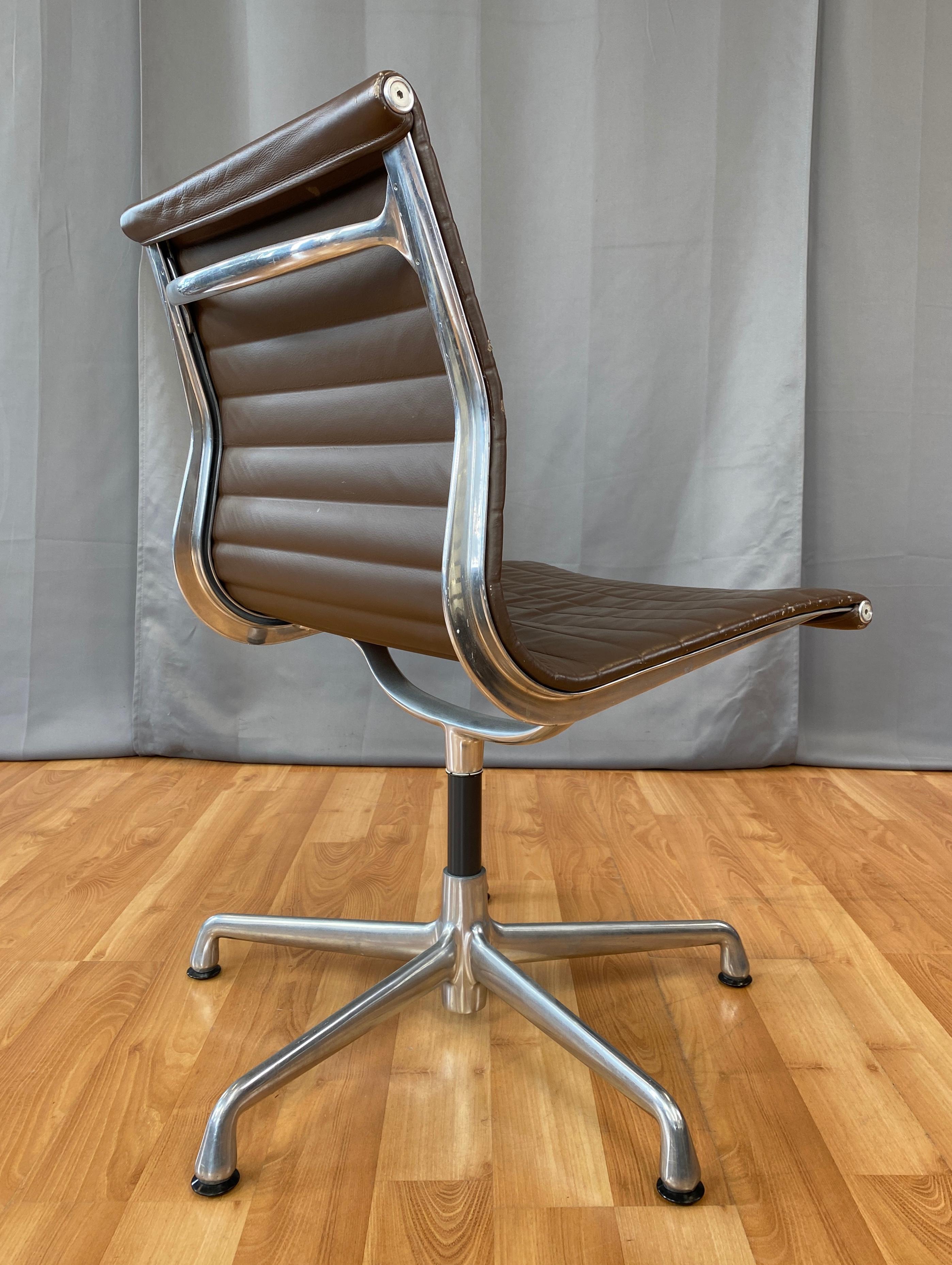 Contemporary Eames Aluminum Group Side Chair, in Brown Leather 5 Star Base